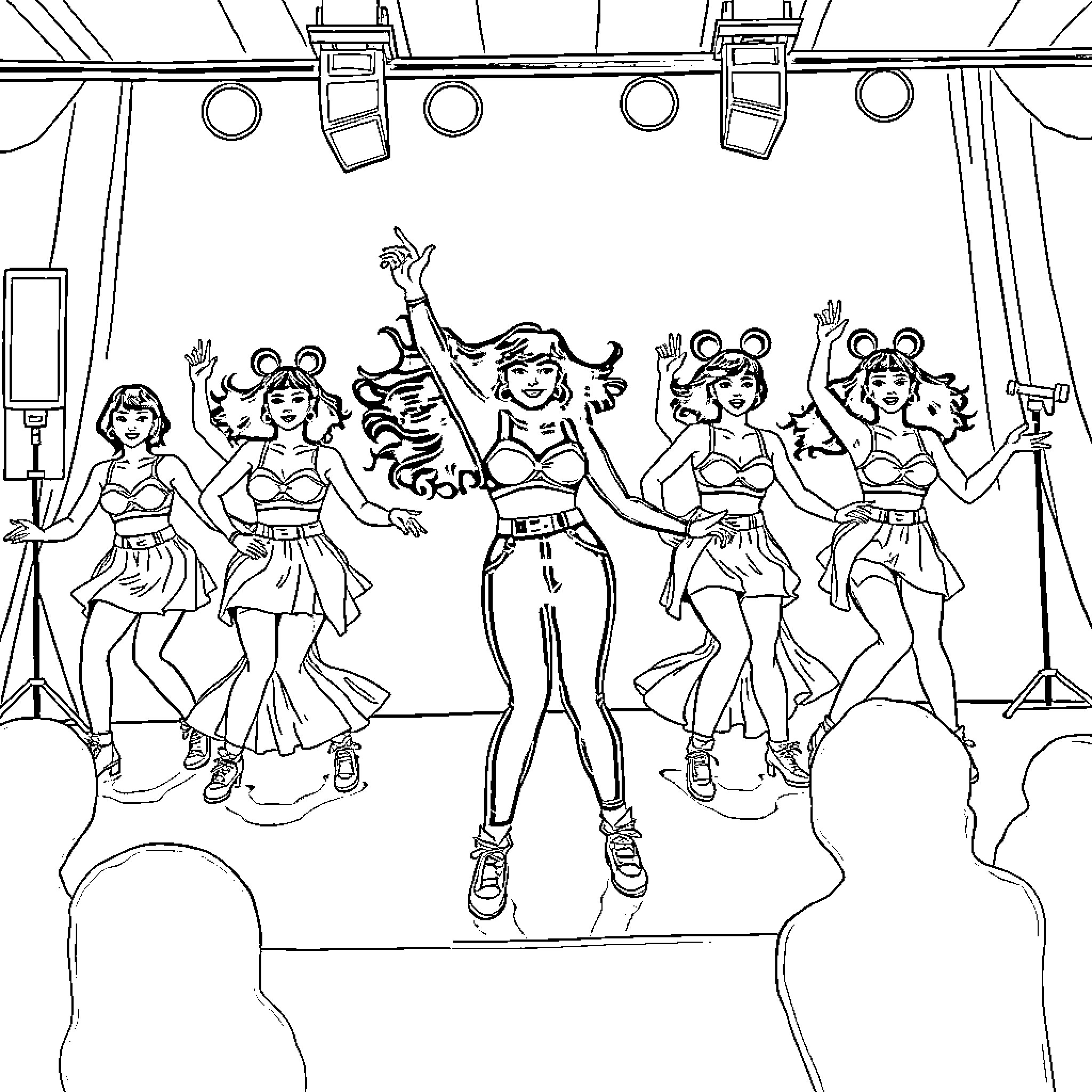 K Pop Warrior Dancers Performing on Stage Coloring Page (free black-and-white line drawing printable PDF for all, from beginners to advanced learners, including children, teens, adults, and seniors)