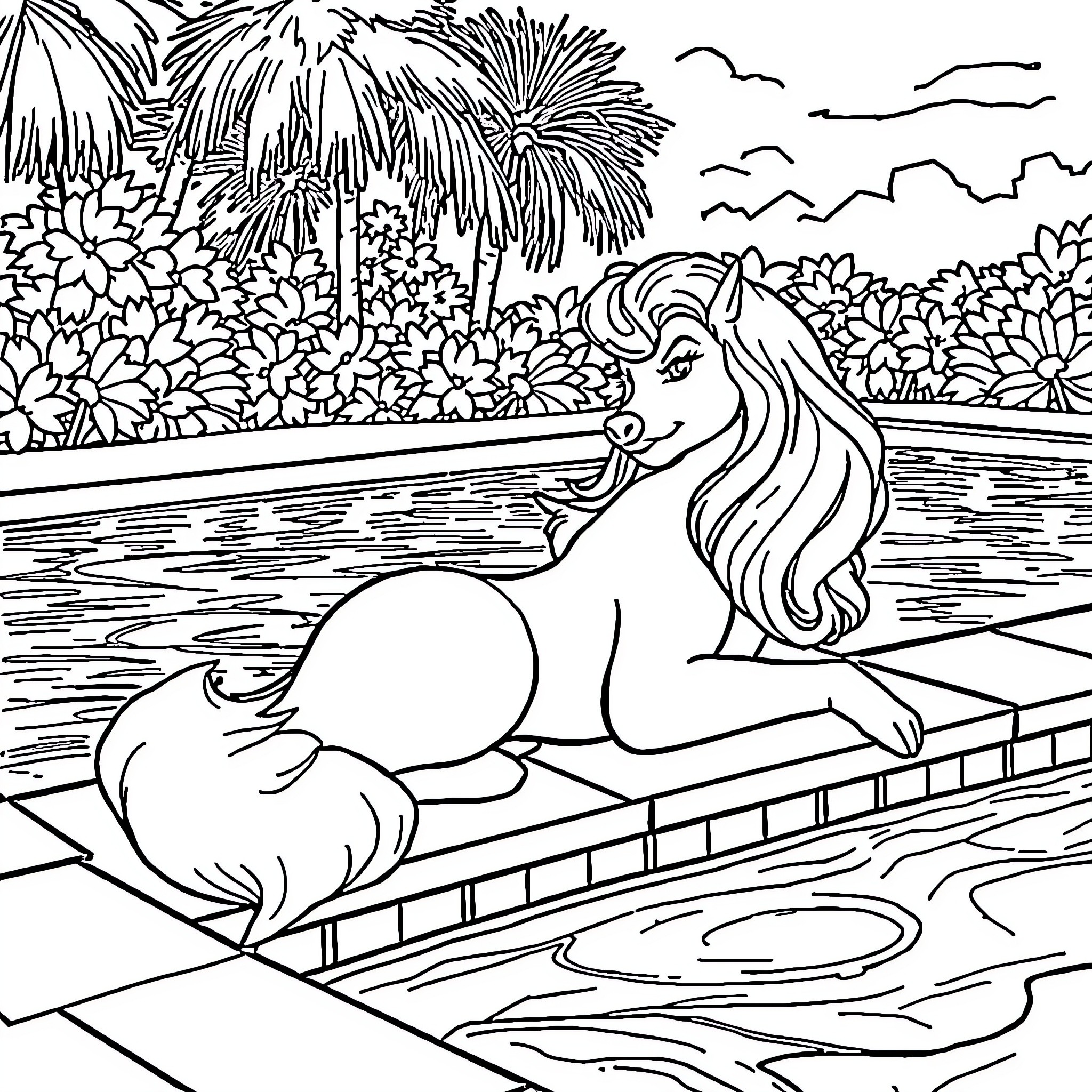 Snow Queen relaxing in a tropical paradise Coloring Page (free black-and-white line drawing printable PDF for all, from beginners to advanced learners, including children, teens, adults, and seniors)
