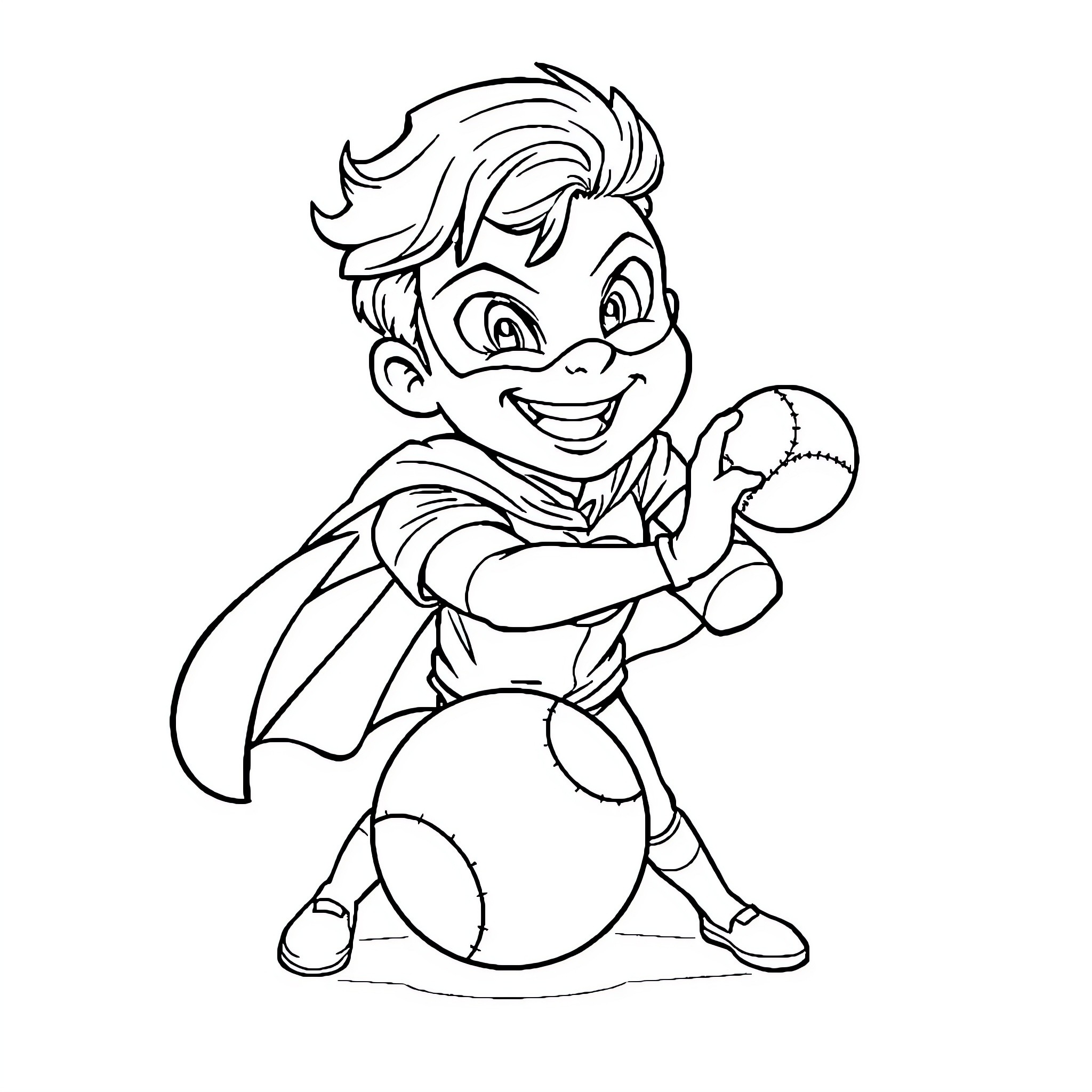 Superhero Boy Playing Happily with Ball Coloring Page (free black-and-white line drawing printable PDF for all, from beginners to advanced learners, including children, teens, adults, and seniors)