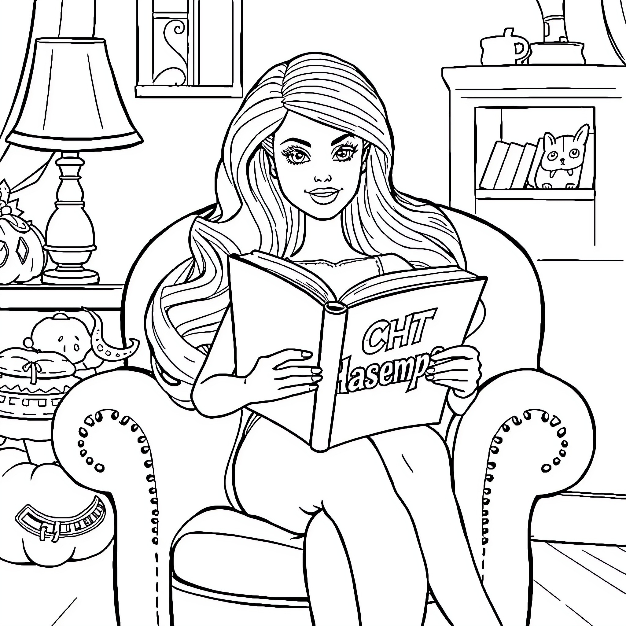 Barbie relaxing and reading a book in cozy home Coloring Page (free black-and-white line drawing printable PDF for all, from beginners to advanced learners, including children, teens, adults, and seniors)