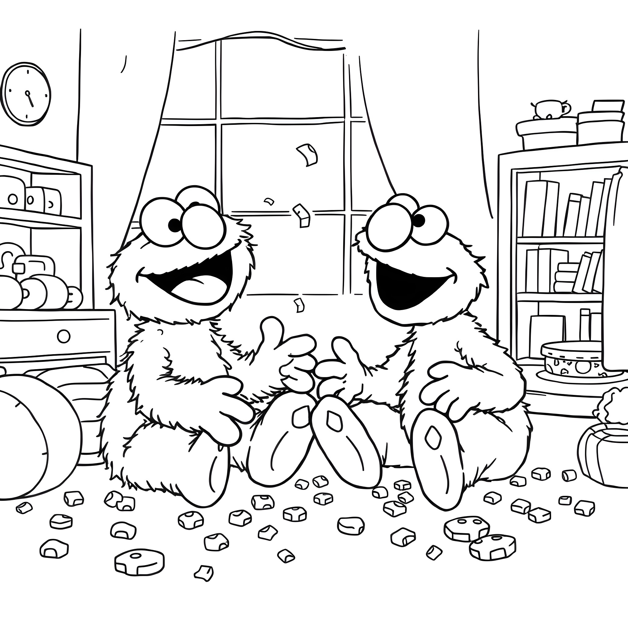 Elmo and Cookie Monster Playfully Messing Around Coloring Page (free black-and-white line drawing printable PDF for all, from beginners to advanced learners, including children, teens, adults, and seniors)