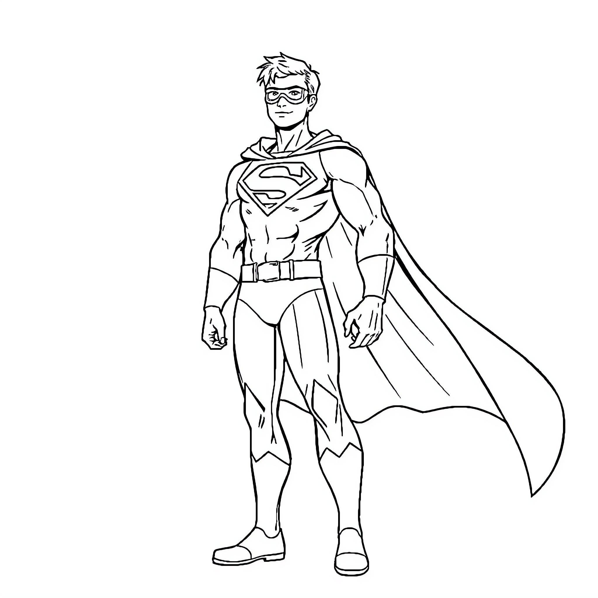 Superhero in Confident Stance with Cape Coloring Page (free black-and-white line drawing printable PDF for all, from beginners to advanced learners, including children, teens, adults, and seniors)