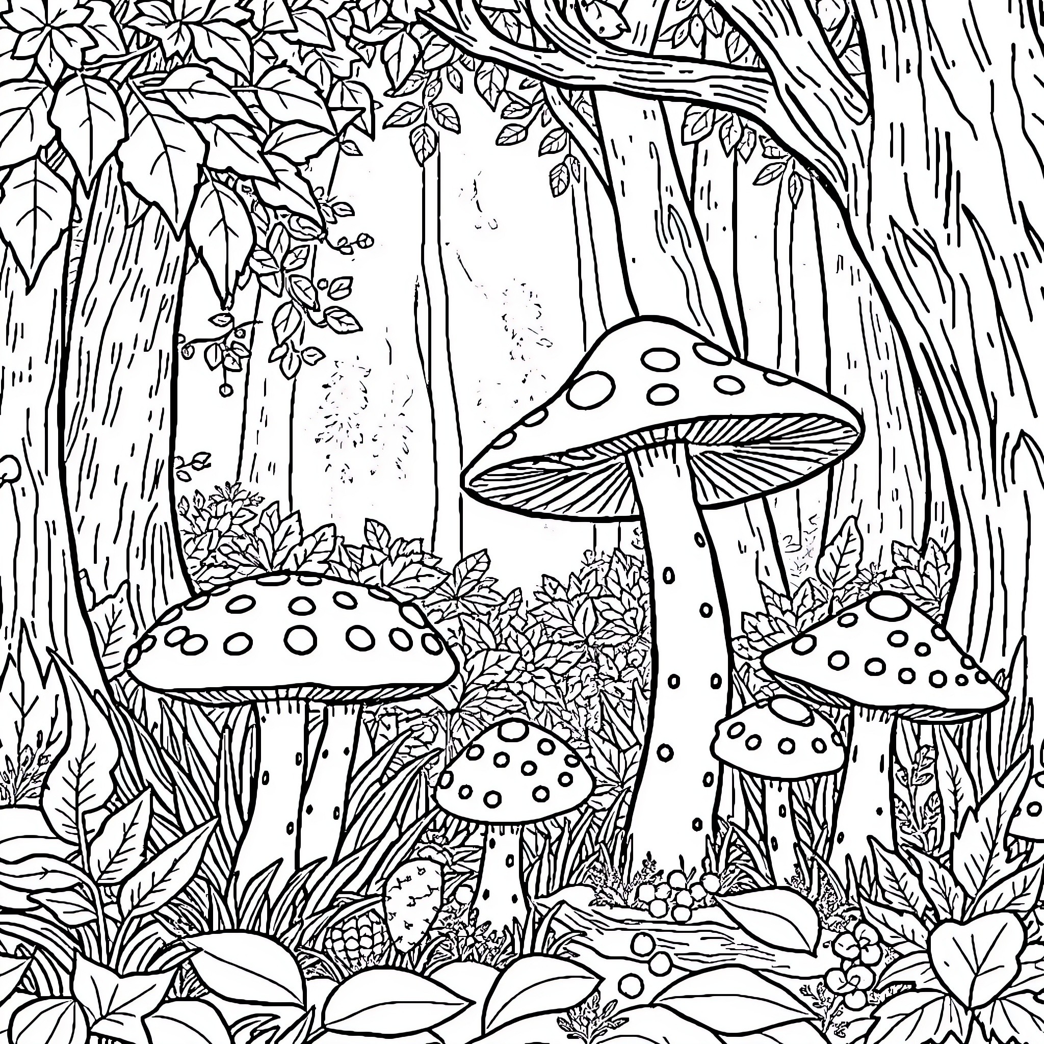 Mushroom forest with intricate foliage and nature elements Coloring Page (free black-and-white line drawing printable PDF for all, from beginners to advanced learners, including children, teens, adults, and seniors)