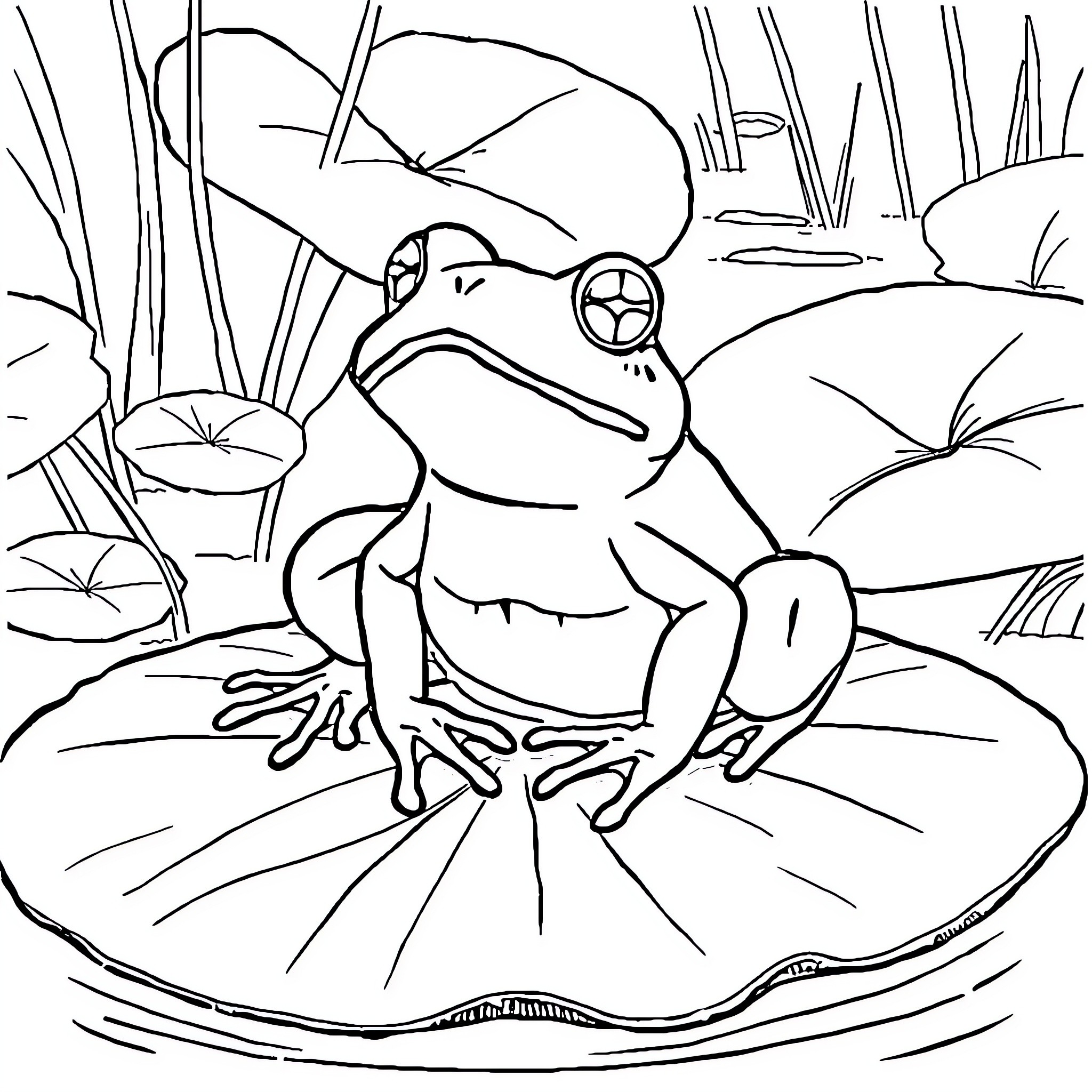 Frog resting on lily pad in pond Coloring Page (free black-and-white line drawing printable PDF for all, from beginners to advanced learners, including children, teens, adults, and seniors)