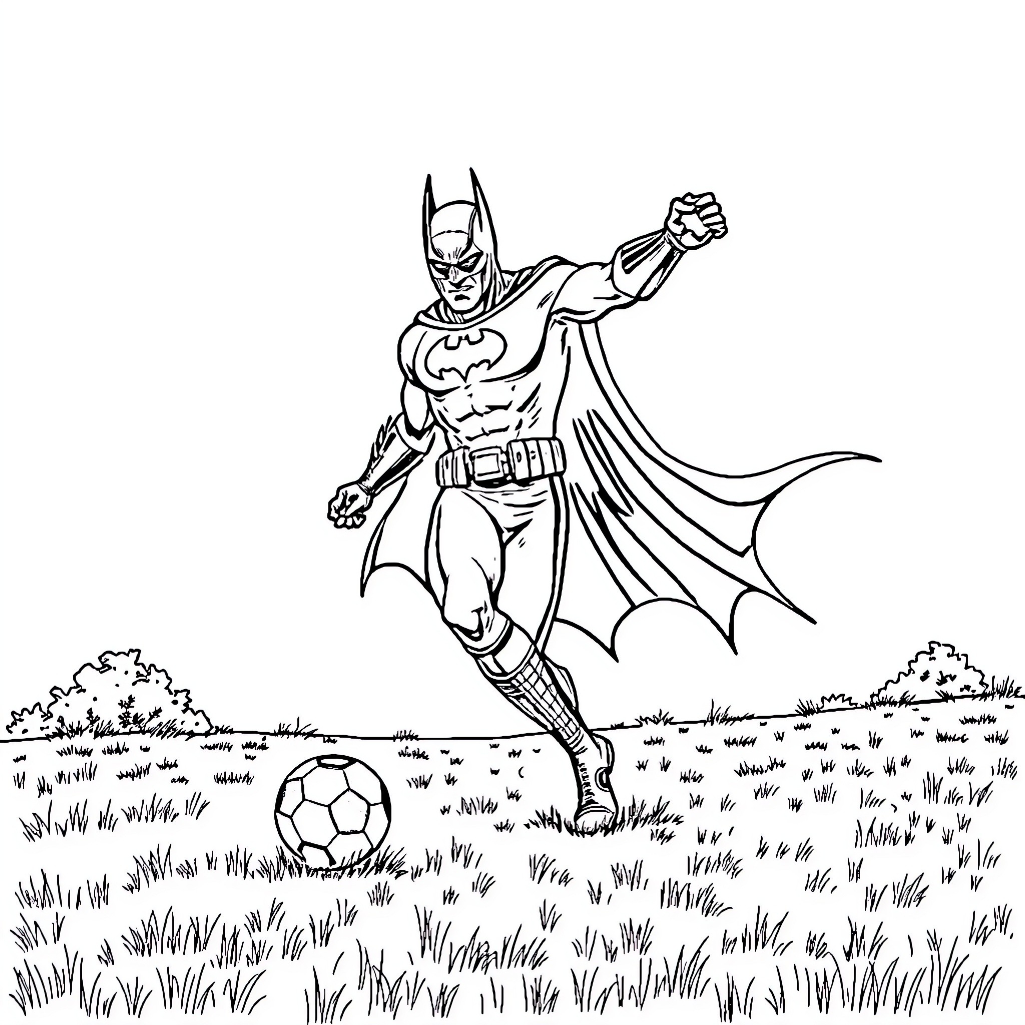 Batman kicking a soccer ball in a grassy field Coloring Page (free black-and-white line drawing printable PDF for all, from beginners to advanced learners, including children, teens, adults, and seniors)