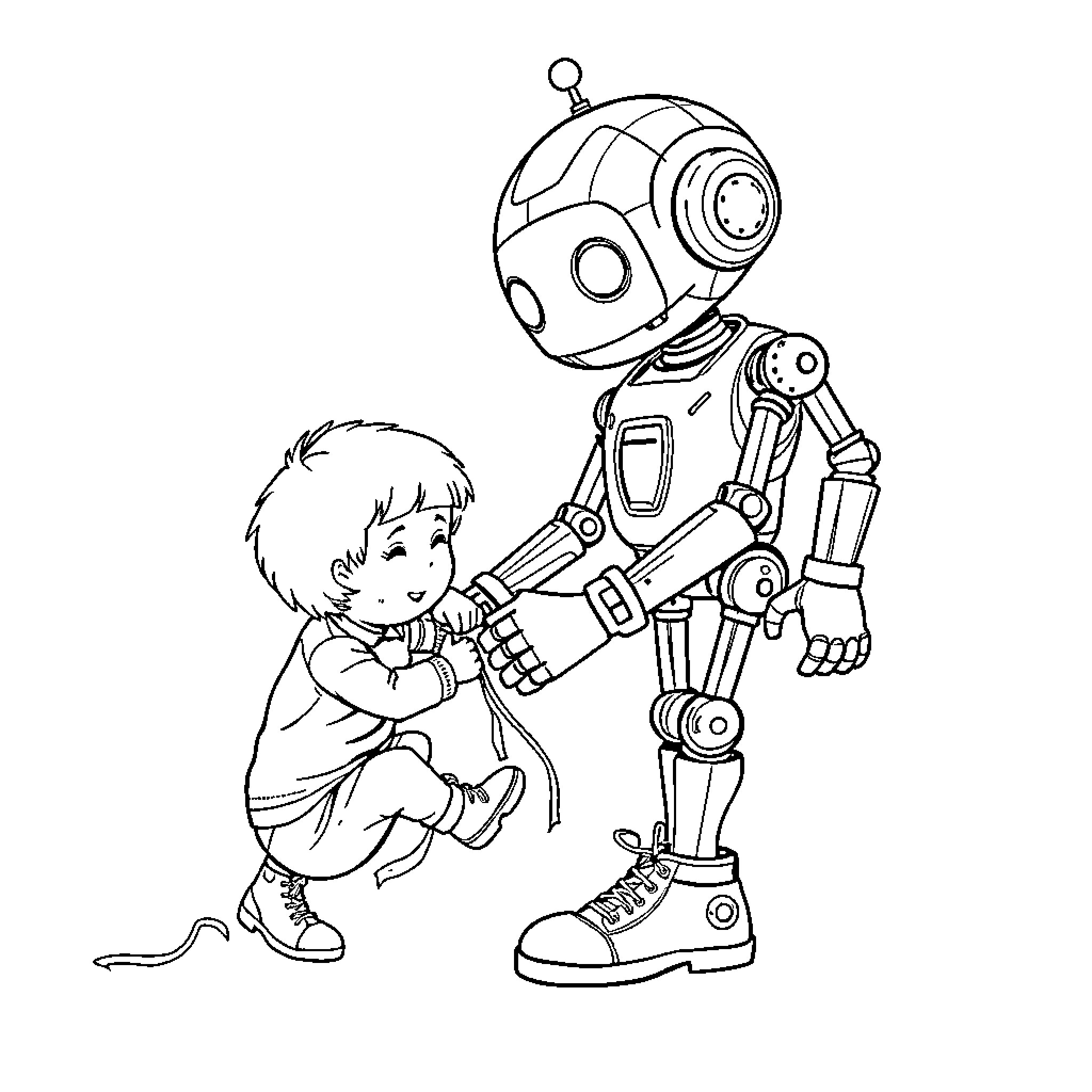 Robot assisting a young child Coloring Page (free black-and-white line drawing printable PDF for all, from beginners to advanced learners, including children, teens, adults, and seniors)