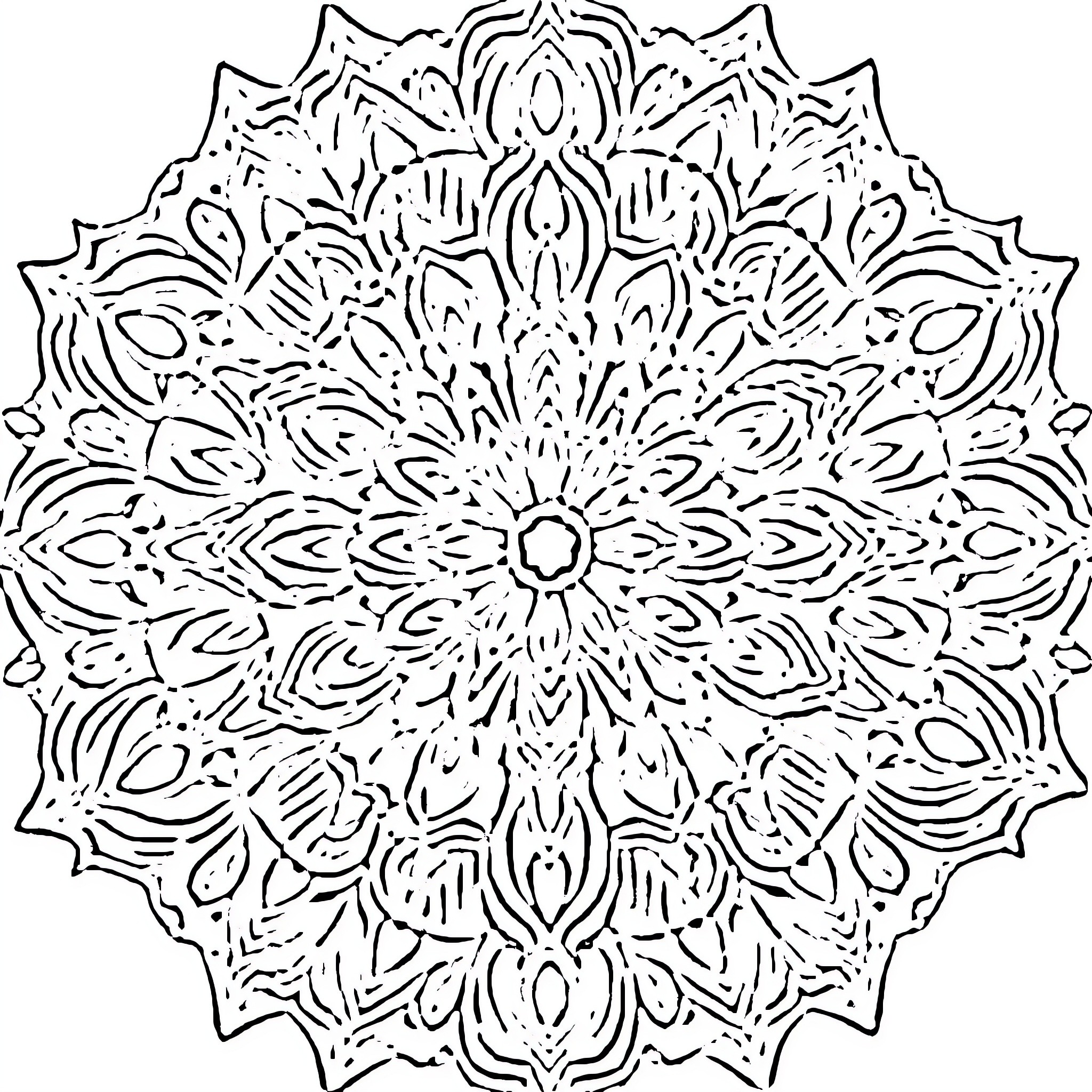 Mandala of intricate floral patterns Coloring Page (free black-and-white line drawing printable PDF for all, from beginners to advanced learners, including children, teens, adults, and seniors)