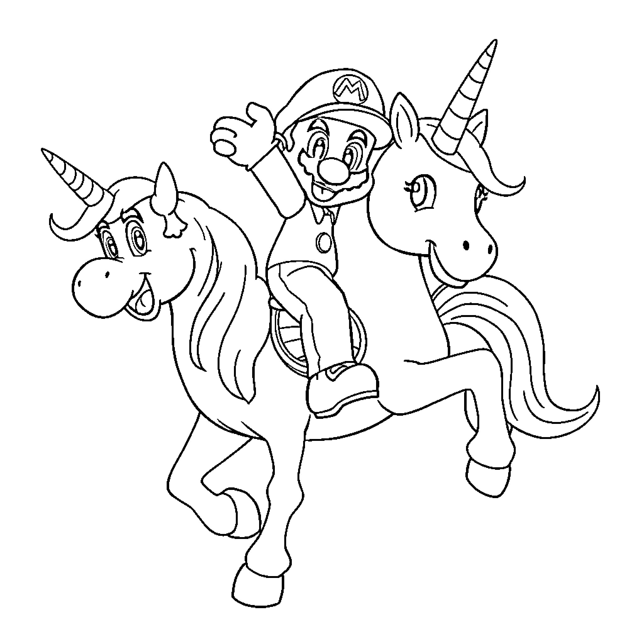 Super Mario riding a magical unicorn Coloring Page (free black-and-white line drawing printable PDF for all, from beginners to advanced learners, including children, teens, adults, and seniors)