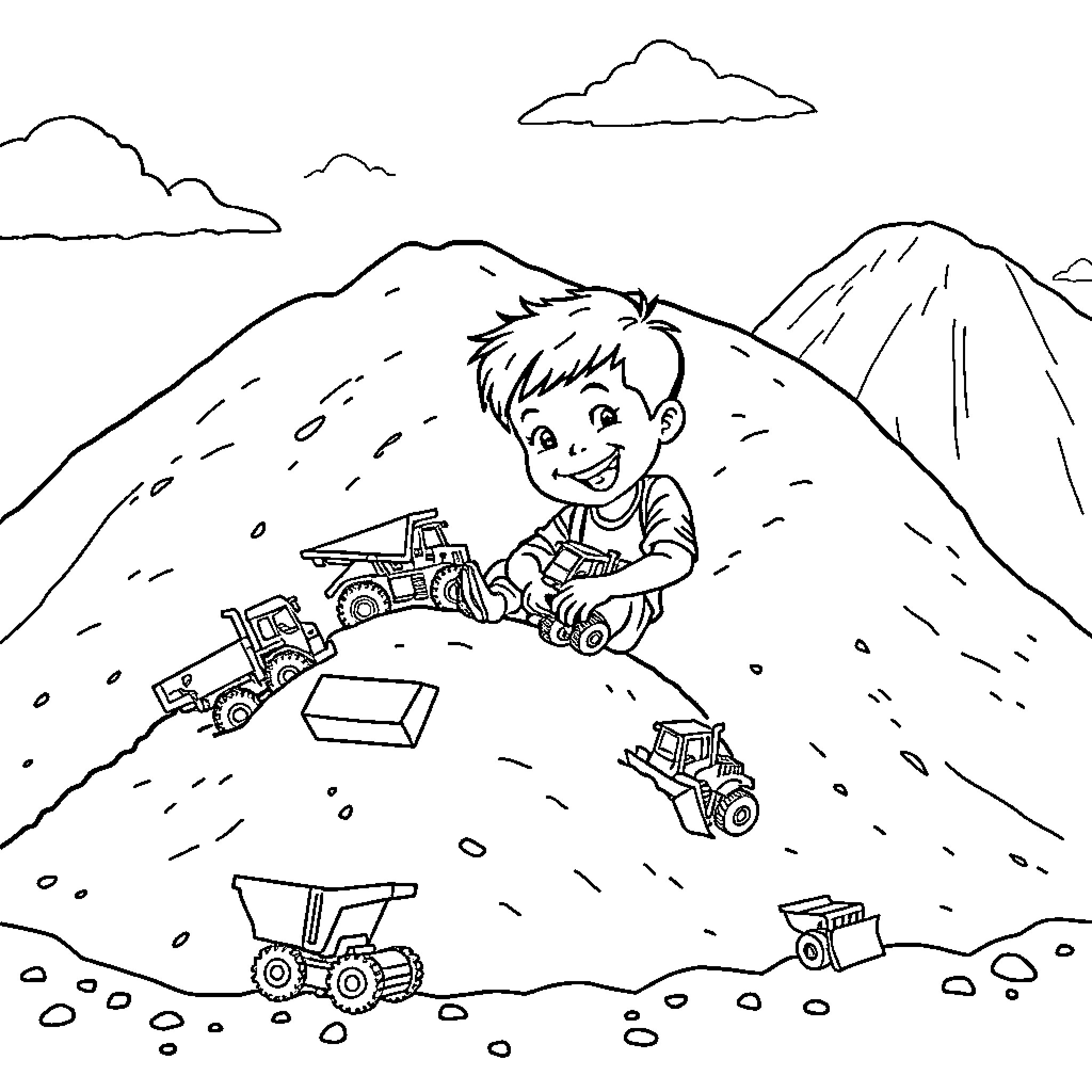Boy playing with toy trucks in the mountains Coloring Page (free black-and-white line drawing printable PDF for all, from beginners to advanced learners, including children, teens, adults, and seniors)