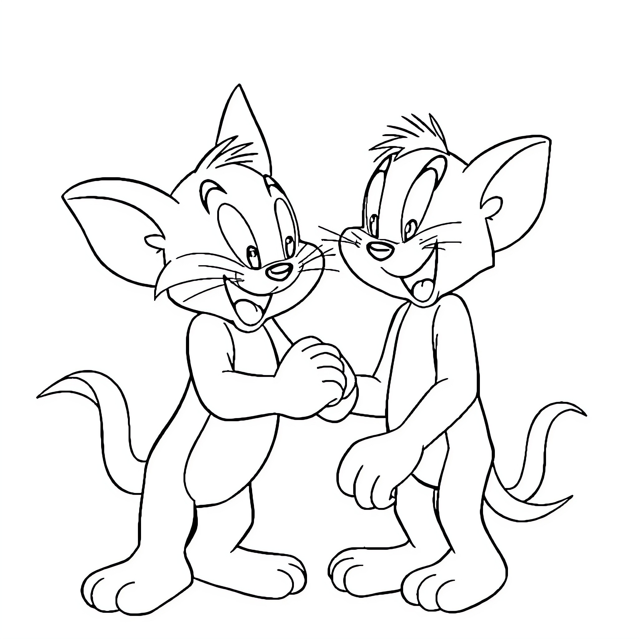 Tom and Jerry playing together mischievously Coloring Page (free black-and-white line drawing printable PDF for all, from beginners to advanced learners, including children, teens, adults, and seniors)