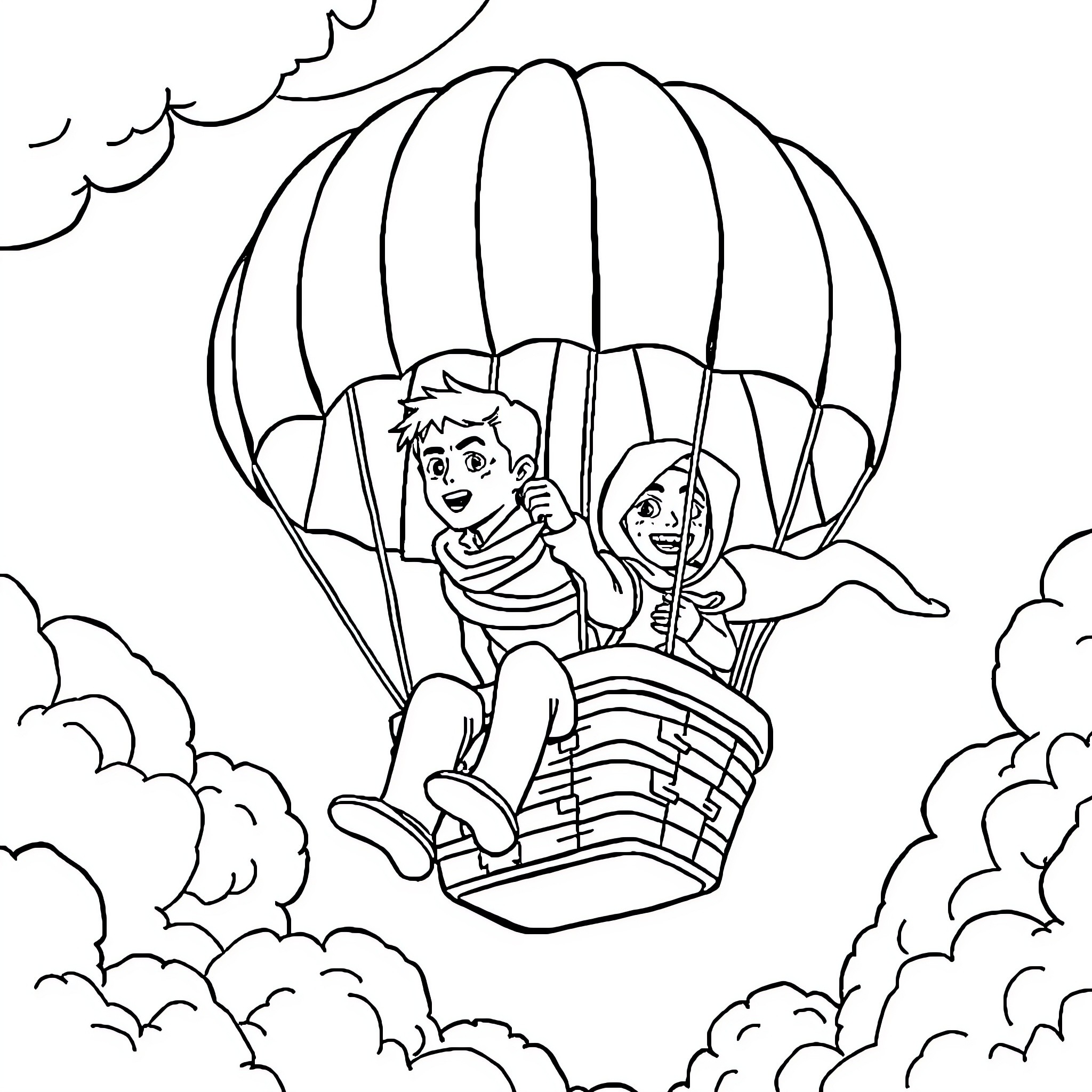 Balloon parachute ride with children Coloring Page (free black-and-white line drawing printable PDF for all, from beginners to advanced learners, including children, teens, adults, and seniors)
