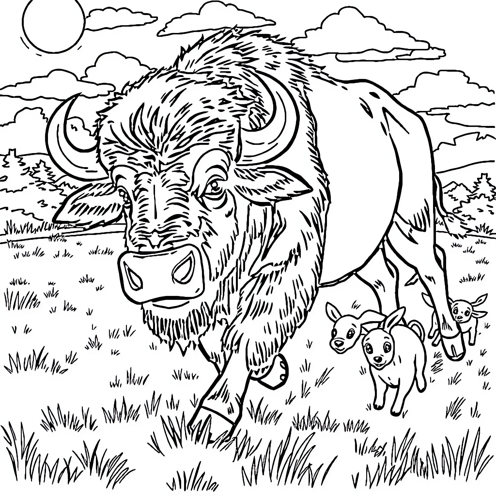 Buffalo roaming in the prairie with small animals Coloring Page (free black-and-white line drawing printable PDF for all, from beginners to advanced learners, including children, teens, adults, and seniors)