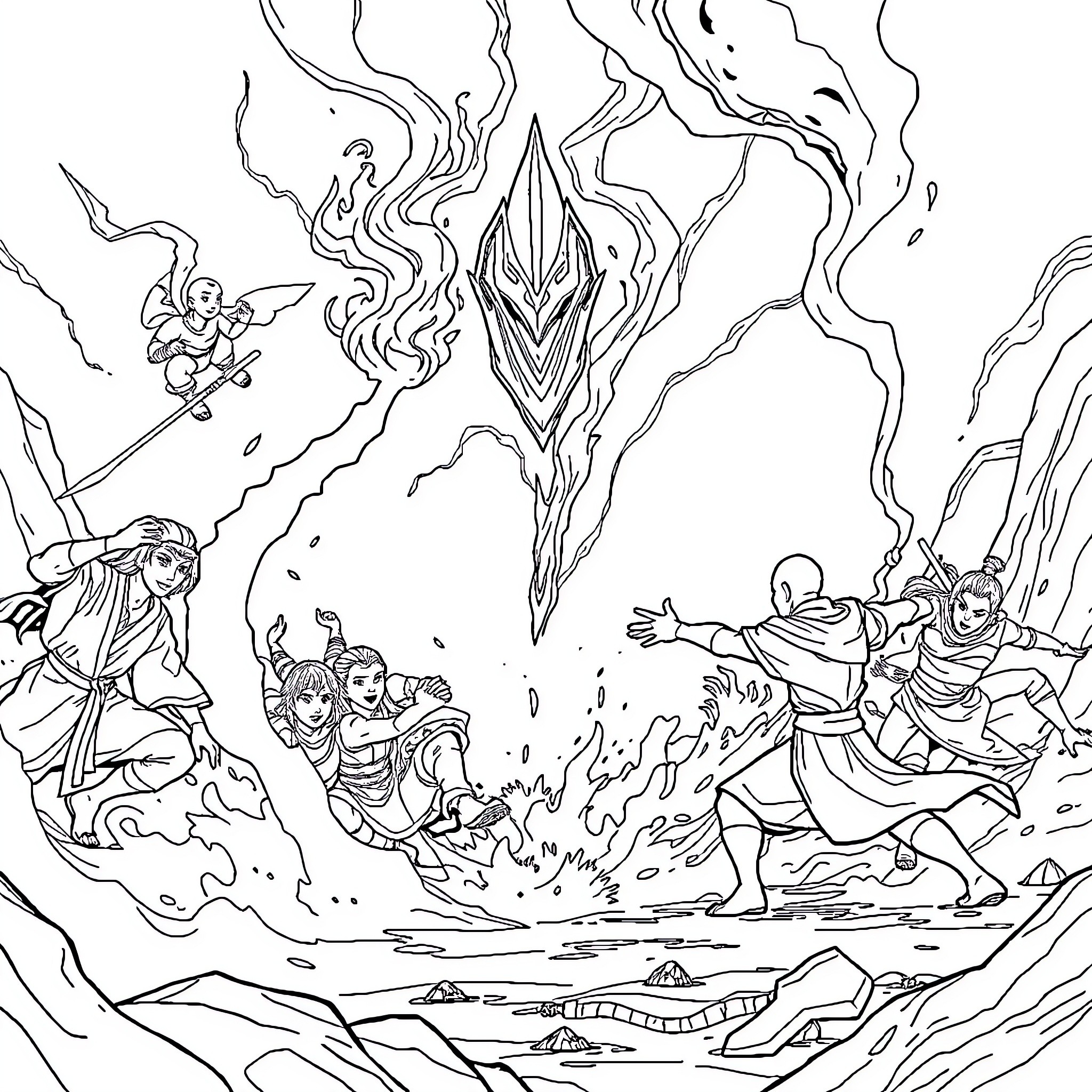 Avatar - Epic battle with mystical energy forces Coloring Page (free black-and-white line drawing printable PDF for all, from beginners to advanced learners, including children, teens, adults, and seniors)