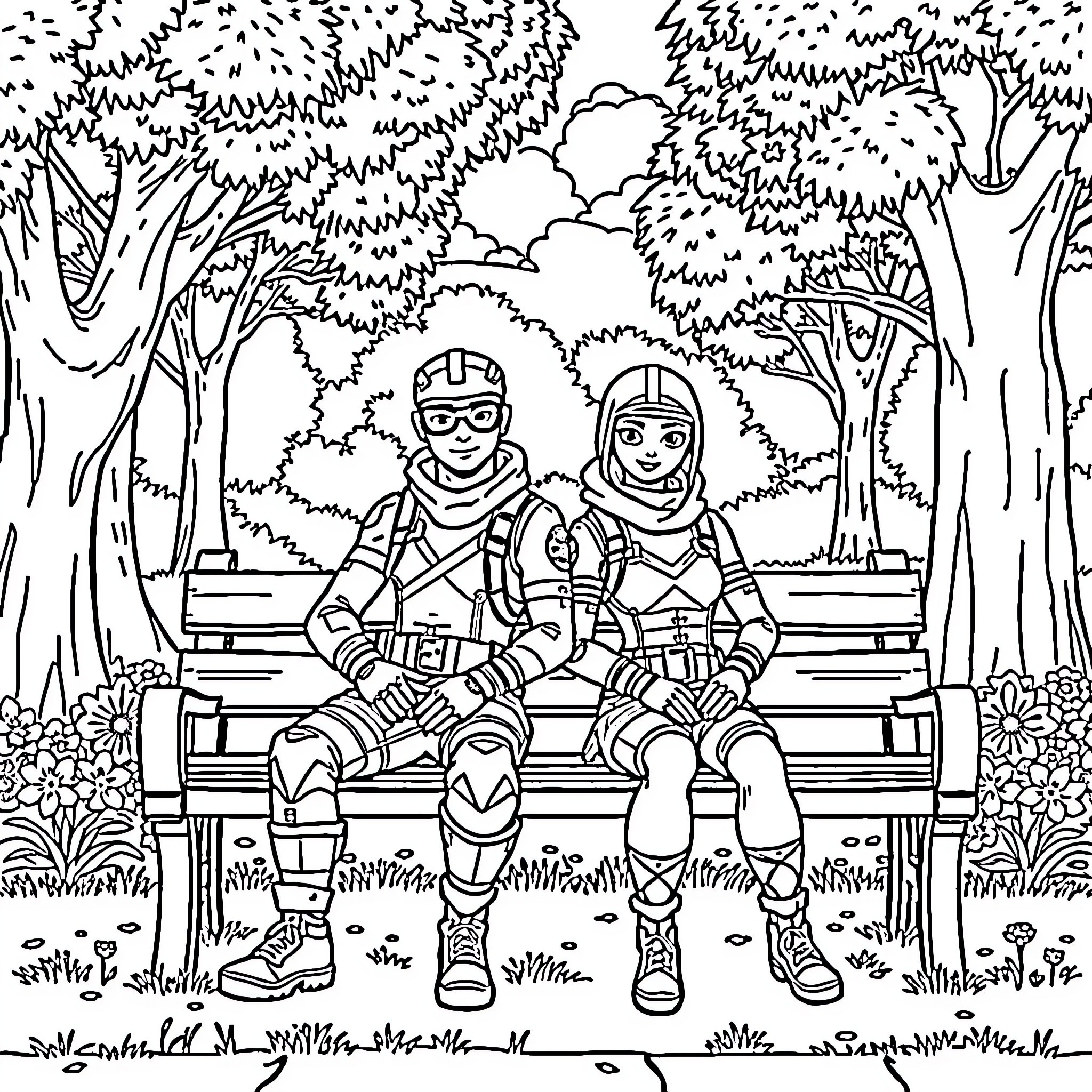 Fortnite Characters Resting on a Bench in the Forest Coloring Page (free black-and-white line drawing printable PDF for all, from beginners to advanced learners, including children, teens, adults, and seniors)