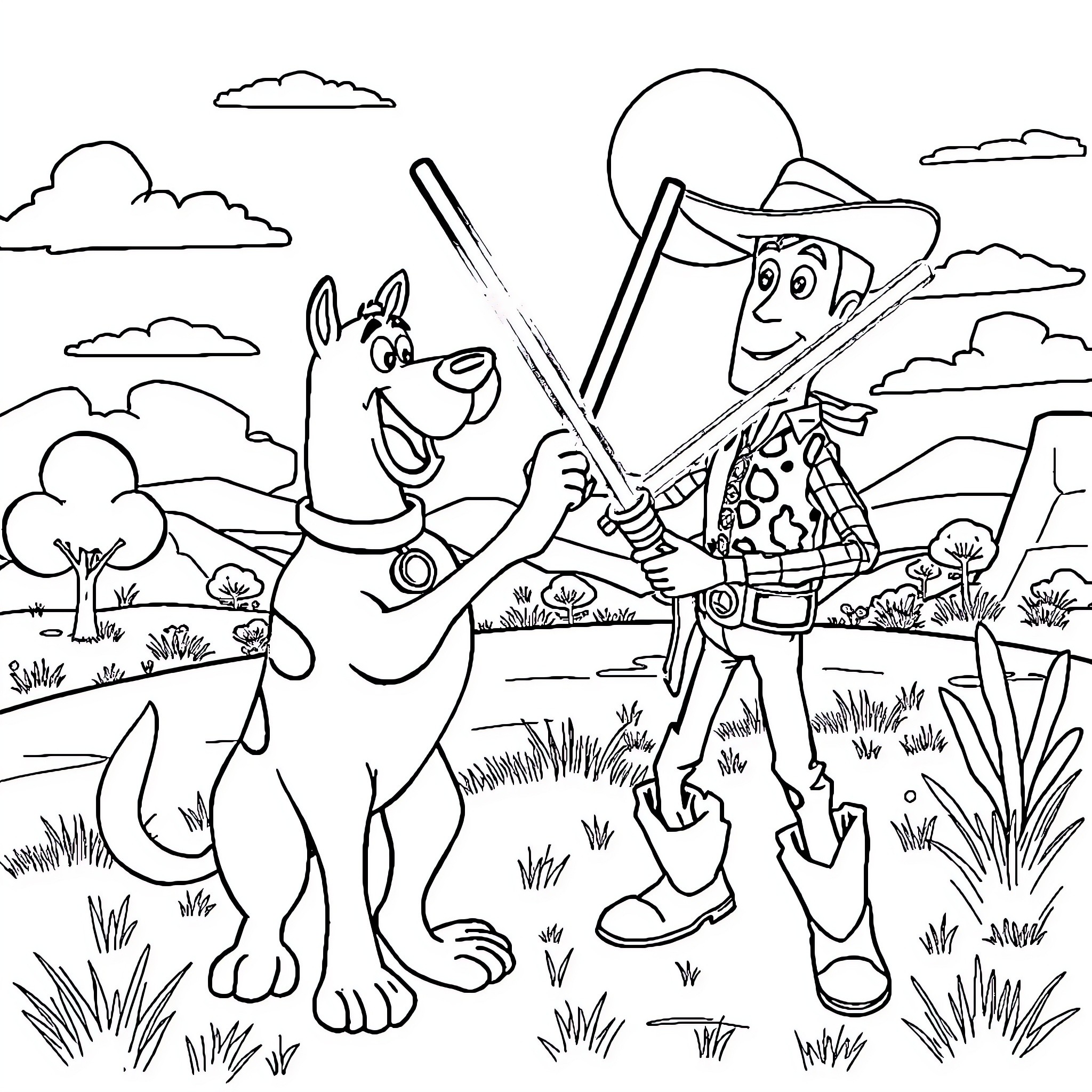 Scooby Doo and Cowboy Woody on an Adventure Coloring Page (free black-and-white line drawing printable PDF for all, from beginners to advanced learners, including children, teens, adults, and seniors)