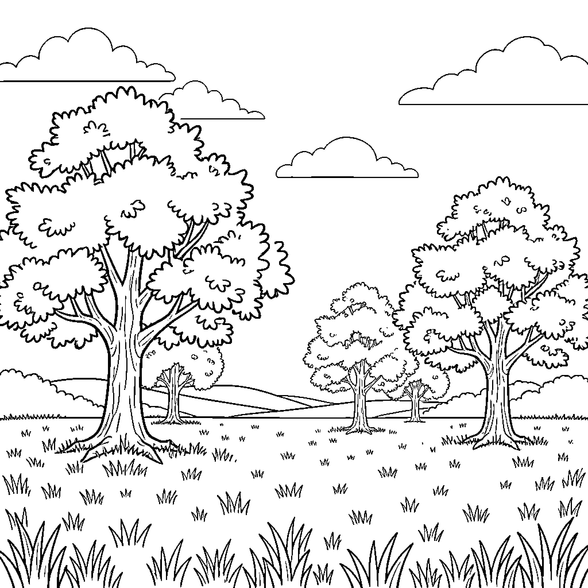 Tree Scenery with Clouds and Grass Coloring Page (free black-and-white line drawing printable PDF for all, from beginners to advanced learners, including children, teens, adults, and seniors)