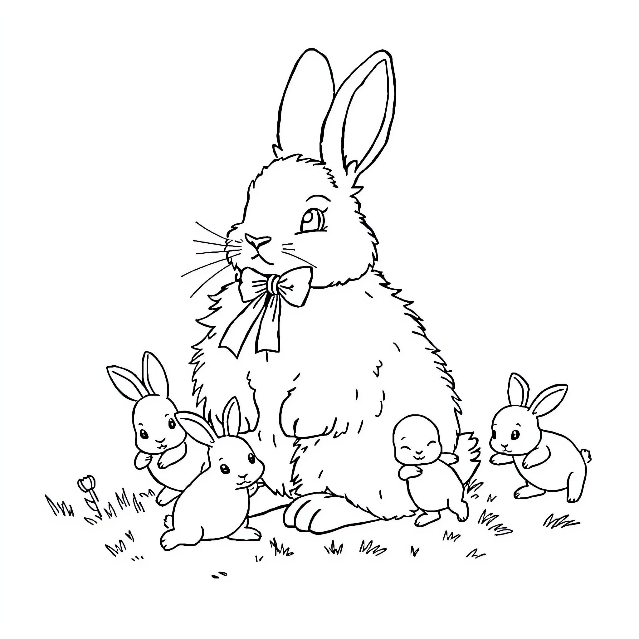 Rabbit family in the meadow Coloring Page (free black-and-white line drawing printable PDF for all, from beginners to advanced learners, including children, teens, adults, and seniors)