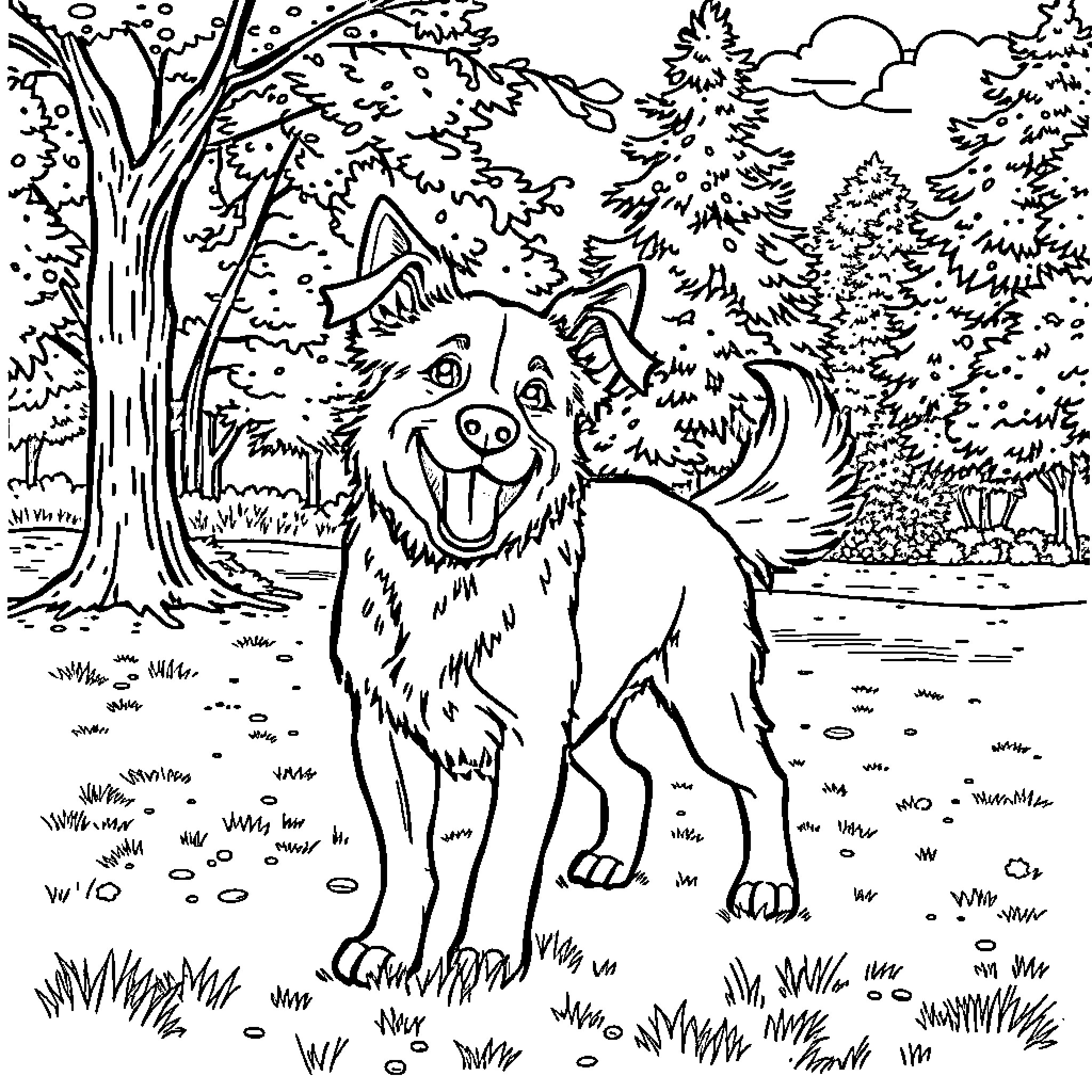 Dog enjoying a walk in the forest Coloring Page (free black-and-white line drawing printable PDF for all, from beginners to advanced learners, including children, teens, adults, and seniors)