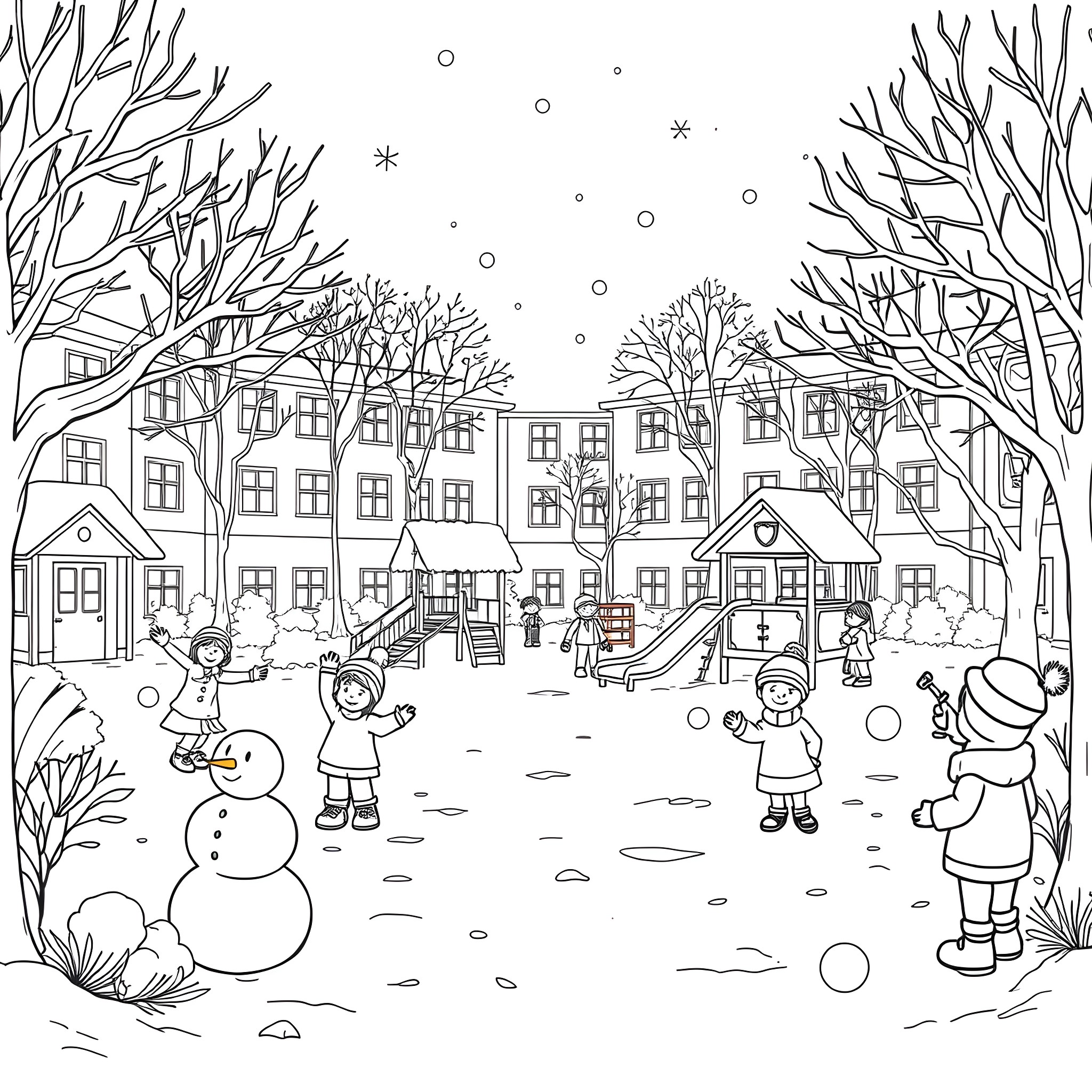 Schoolyard fun in the snowy winter Coloring Page (free black-and-white line drawing printable PDF for all, from beginners to advanced learners, including children, teens, adults, and seniors)