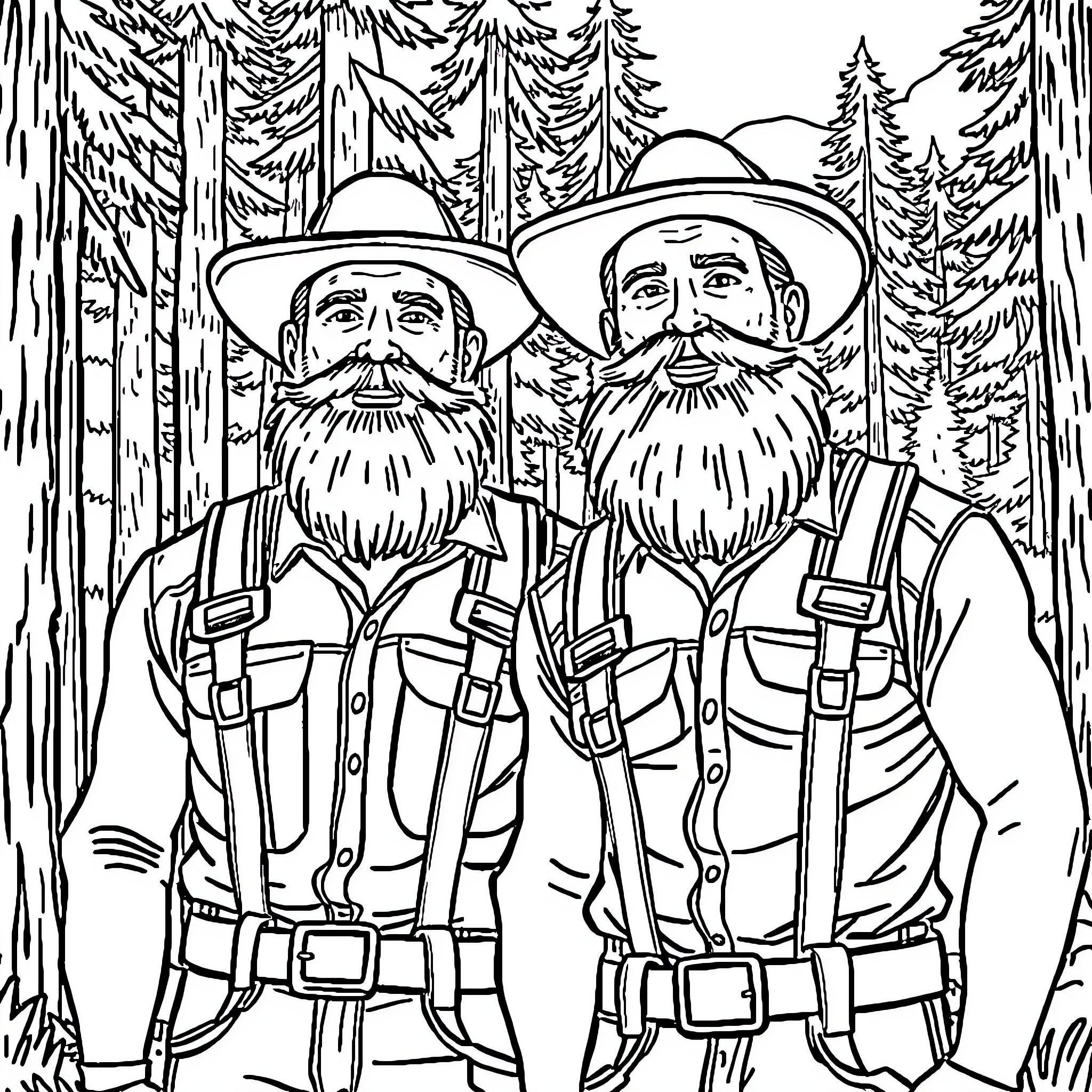 Lumberjack duo working in the snowy forest Coloring Page (free black-and-white line drawing printable PDF for all, from beginners to advanced learners, including children, teens, adults, and seniors)