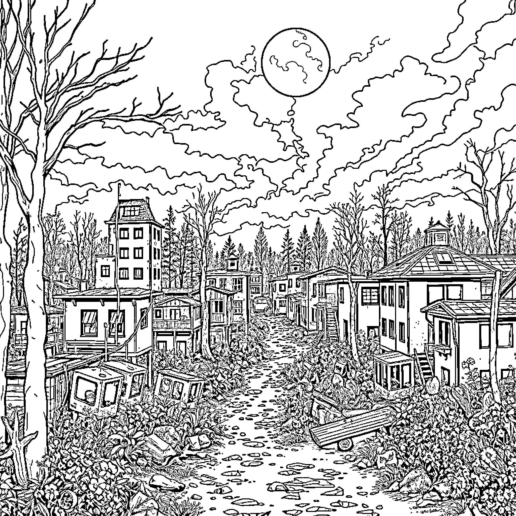 Chernobyl Aftermath: Desolation and Resilience Coloring Page (free black-and-white line drawing printable PDF for all, from beginners to advanced learners, including children, teens, adults, and seniors)