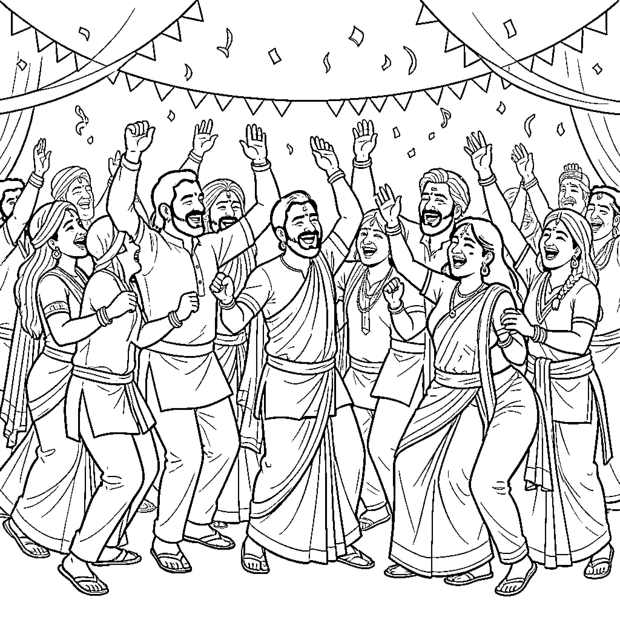 Indian People celebrating joyfully at a festive gathering Coloring Page (free black-and-white line drawing printable PDF for all, from beginners to advanced learners, including children, teens, adults, and seniors)