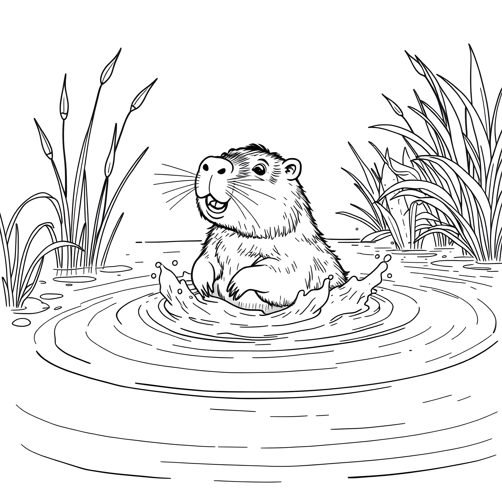 Capybara swimming happily in the water Coloring Page (free black-and-white line drawing printable PDF for all, from beginners to advanced learners, including children, teens, adults, and seniors)