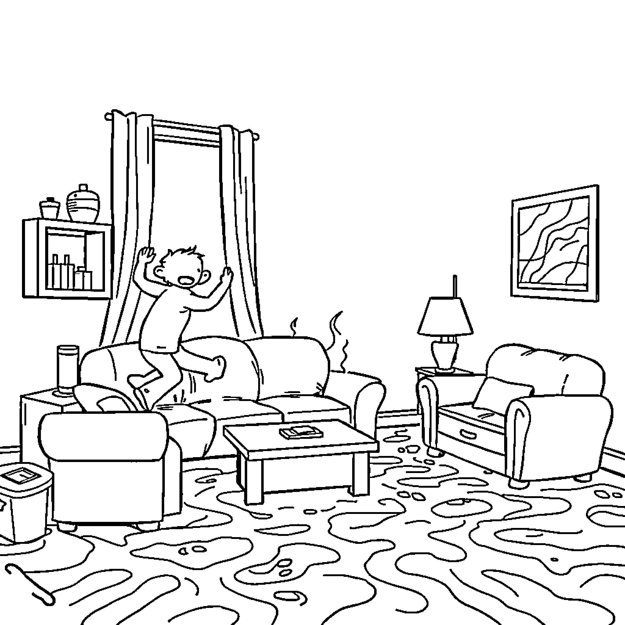 Lava eruption in a living room Coloring Page (free black-and-white line drawing printable PDF for all, from beginners to advanced learners, including children, teens, adults, and seniors)