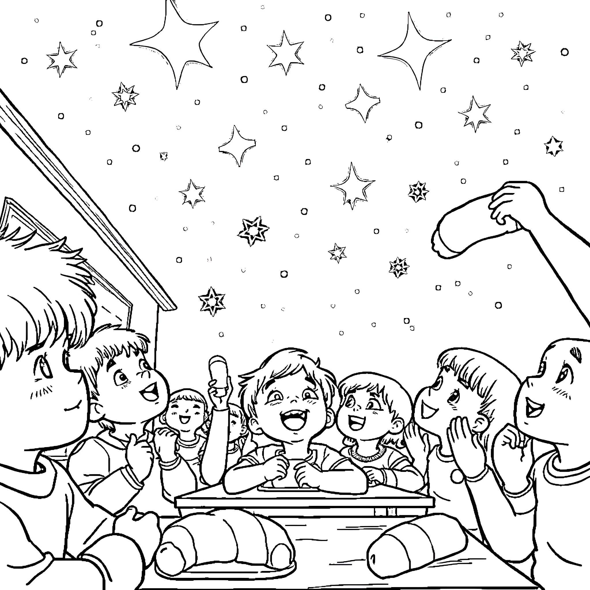 Child explores the wonder of the starry night sky Coloring Page (free black-and-white line drawing printable PDF for all, from beginners to advanced learners, including children, teens, adults, and seniors)