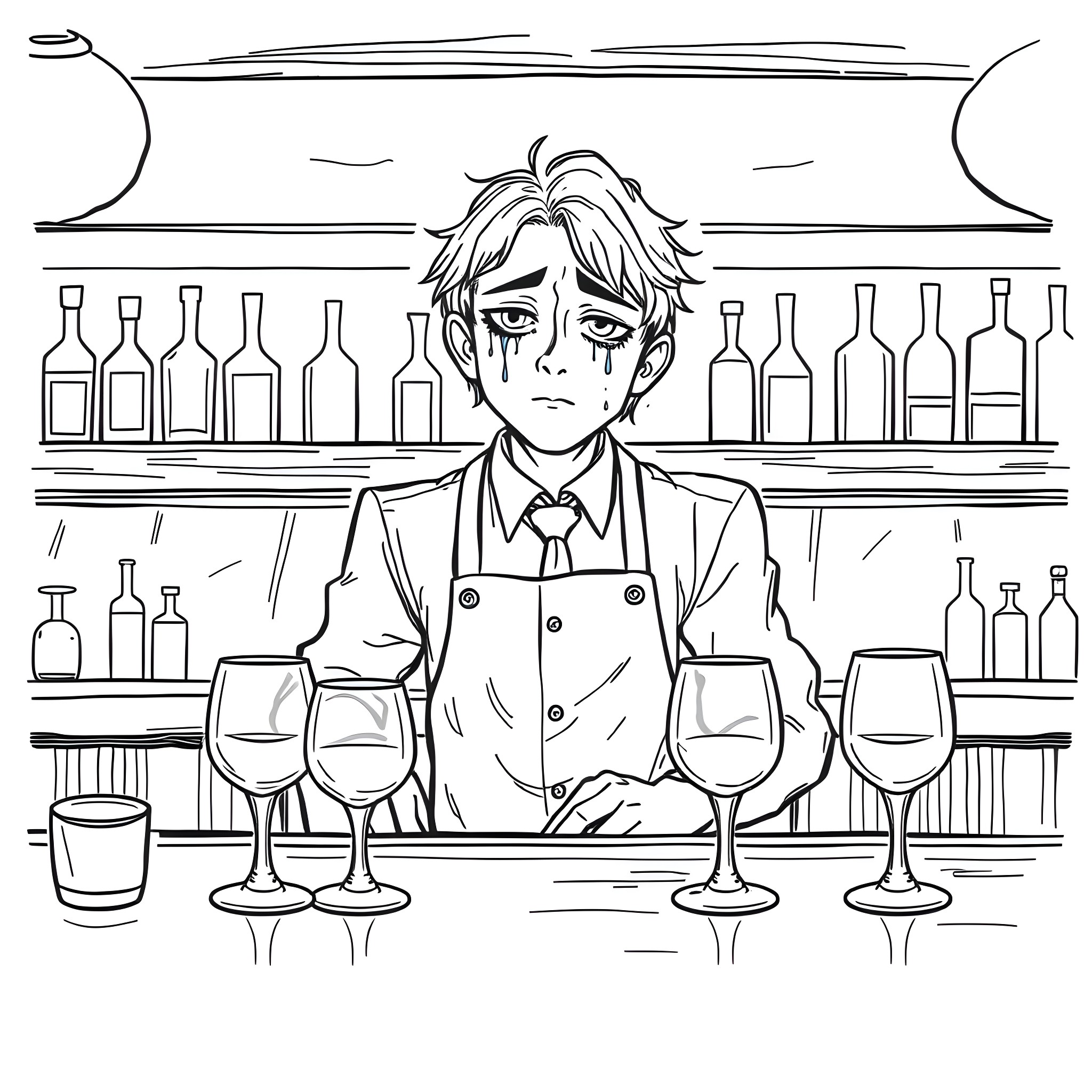 Bartender serving wine at the bar Coloring Page (free black-and-white line drawing printable PDF for all, from beginners to advanced learners, including children, teens, adults, and seniors)