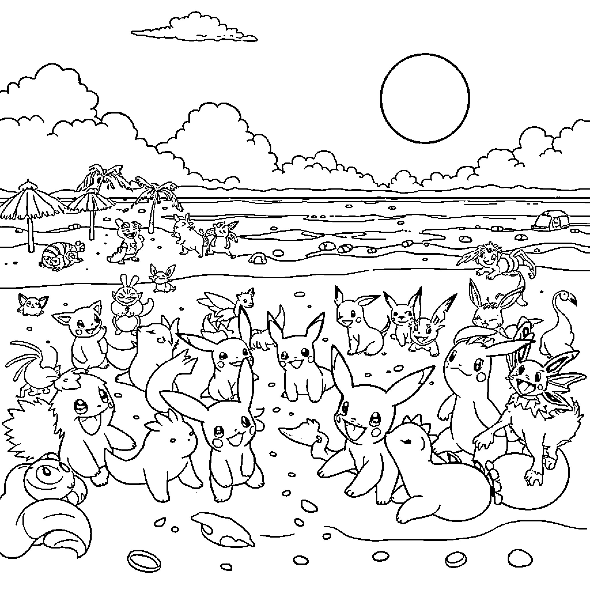 Pokémon characters enjoying the beach scene Coloring Page (free black-and-white line drawing printable PDF for all, from beginners to advanced learners, including children, teens, adults, and seniors)