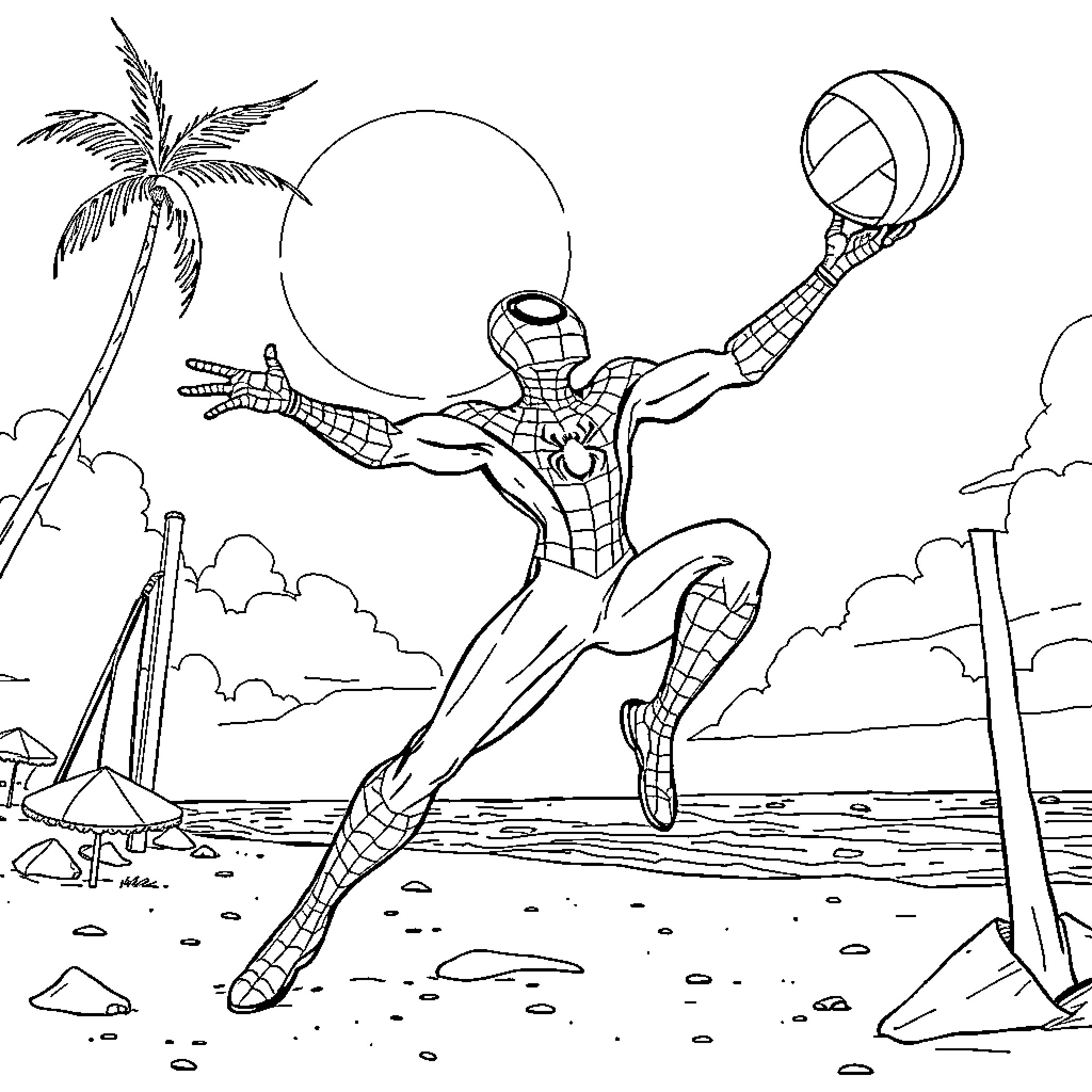 Spiderman jumping and playing with a volleyball on the beach Coloring Page (free black-and-white line drawing printable PDF for all, from beginners to advanced learners, including children, teens, adults, and seniors)