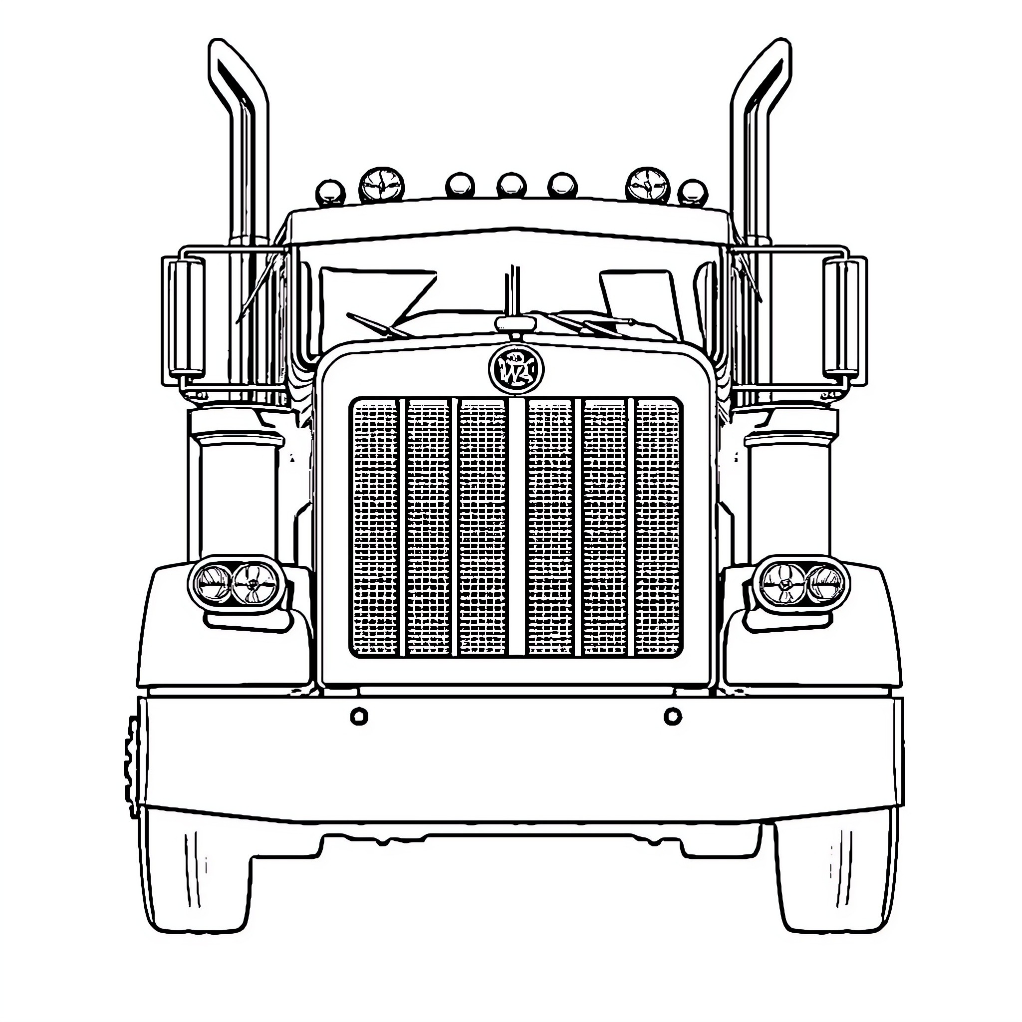Peterbilt truck in detailed engineering illustration Coloring Page (free black-and-white line drawing printable PDF for all, from beginners to advanced learners, including children, teens, adults, and seniors)