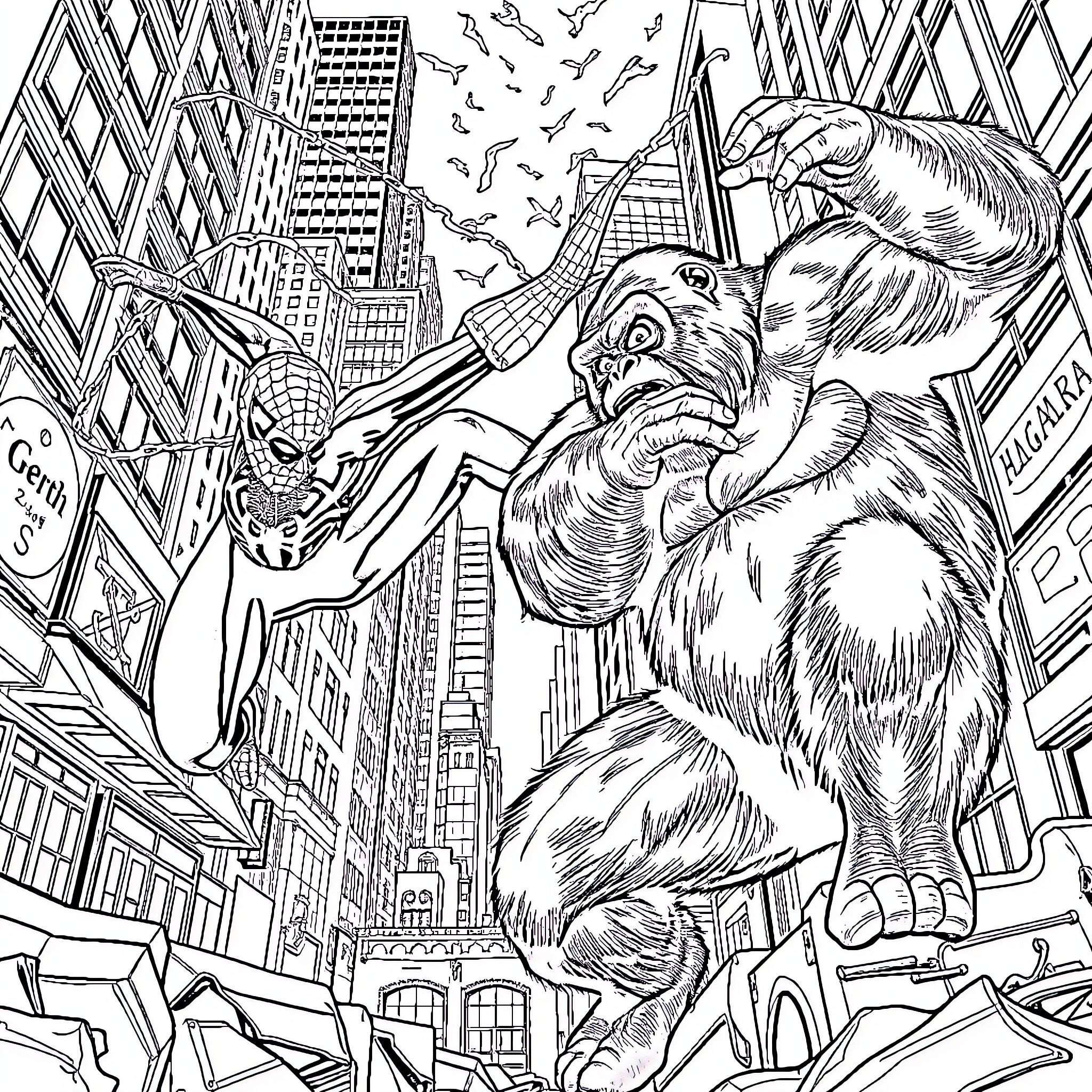 Spider-Man confronting a giant monster in the city Coloring Page (free black-and-white line drawing printable PDF for all, from beginners to advanced learners, including children, teens, adults, and seniors)