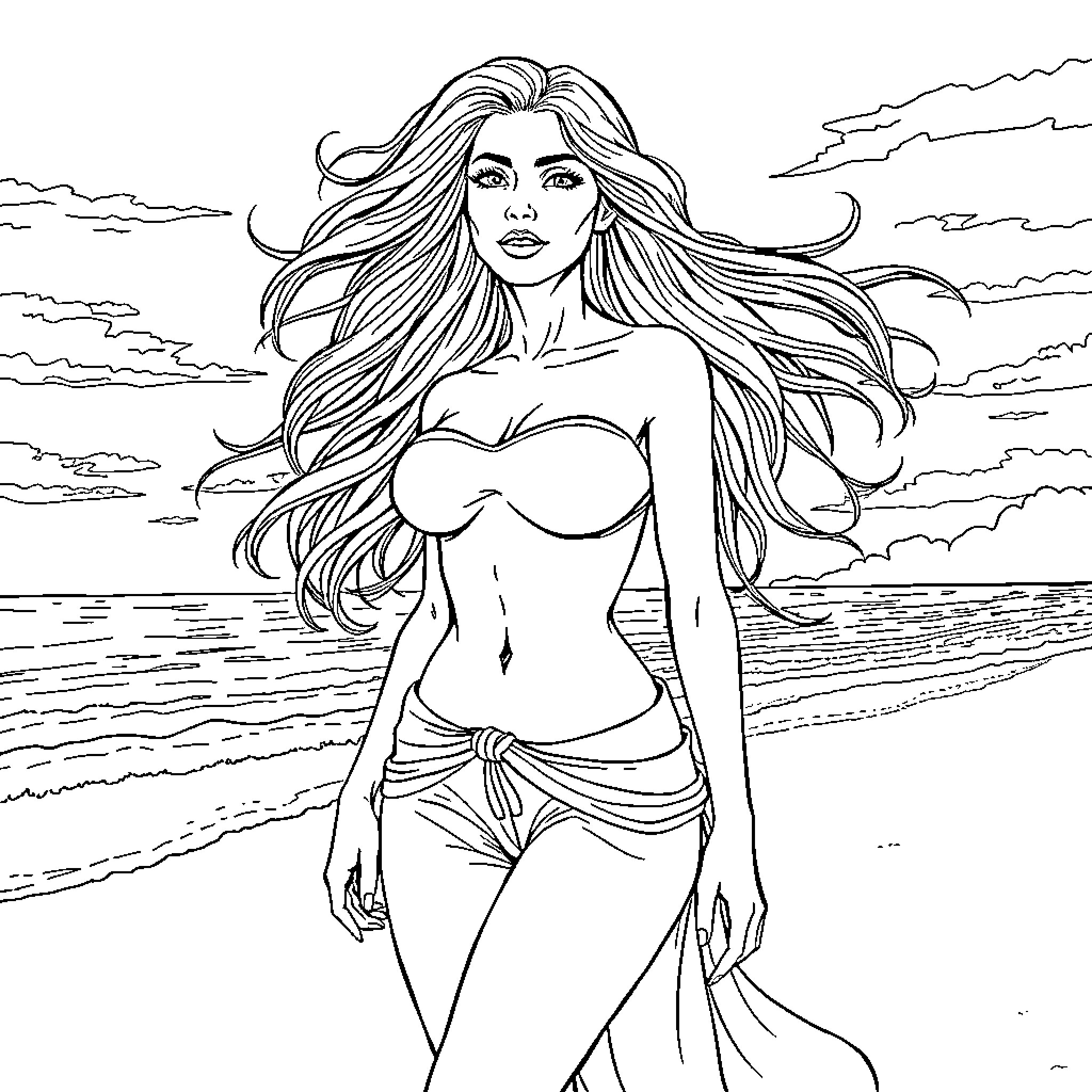 Gemini woman with flowing hair on the beach Coloring Page (free black-and-white line drawing printable PDF for all, from beginners to advanced learners, including children, teens, adults, and seniors)