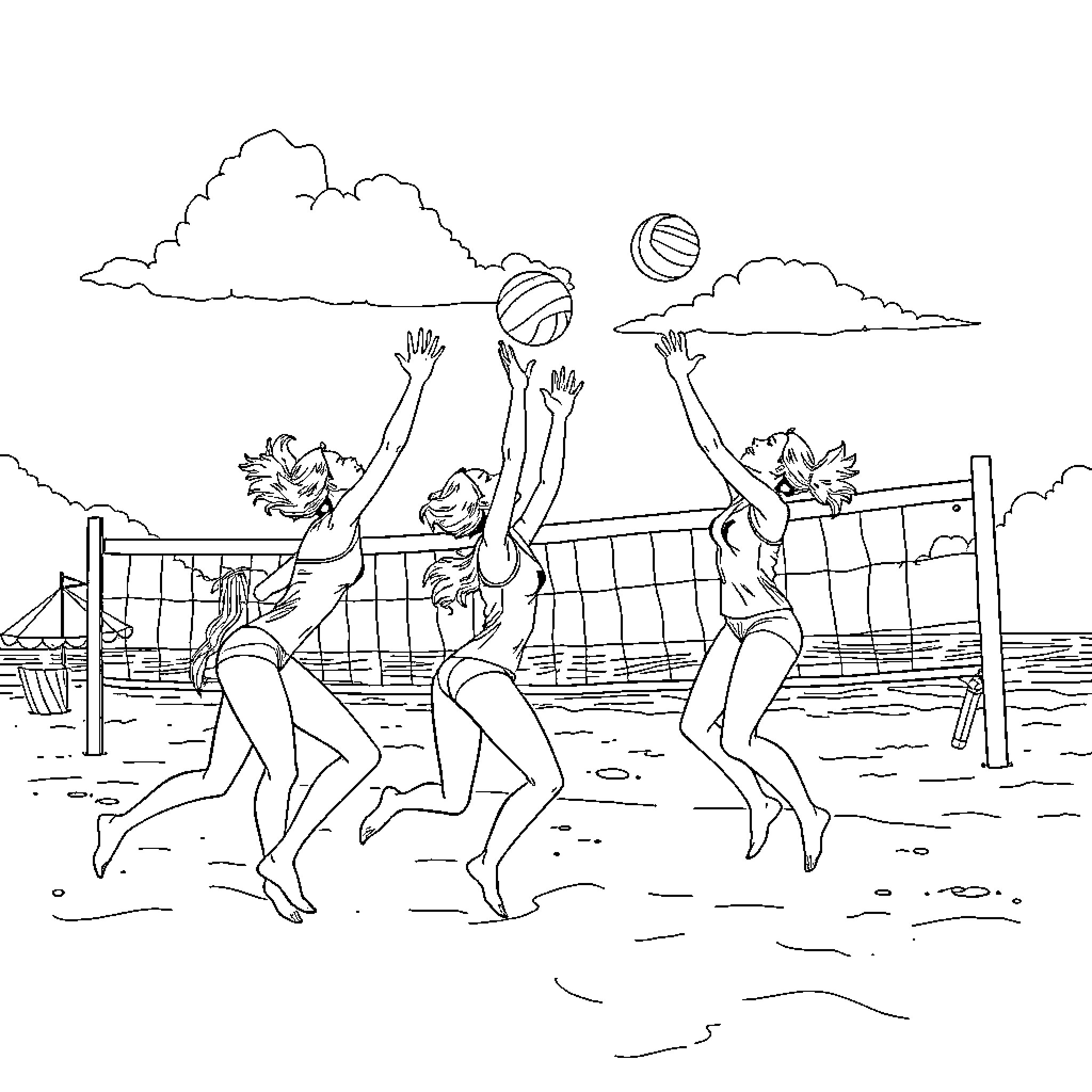 Women playing beach volleyball on the shore Coloring Page (free black-and-white line drawing printable PDF for all, from beginners to advanced learners, including children, teens, adults, and seniors)