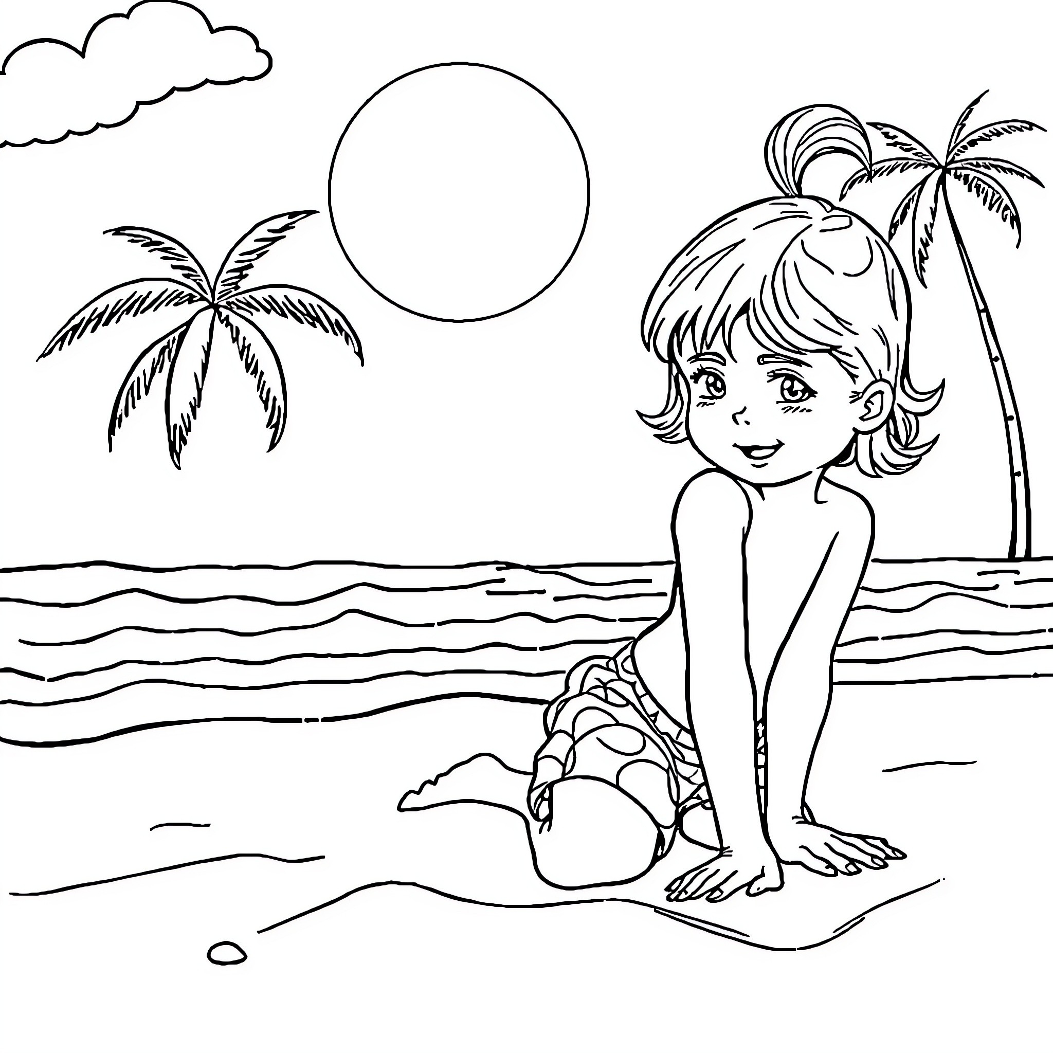 Girl exploring beach on sunny day Coloring Page (free black-and-white line drawing printable PDF for all, from beginners to advanced learners, including children, teens, adults, and seniors)