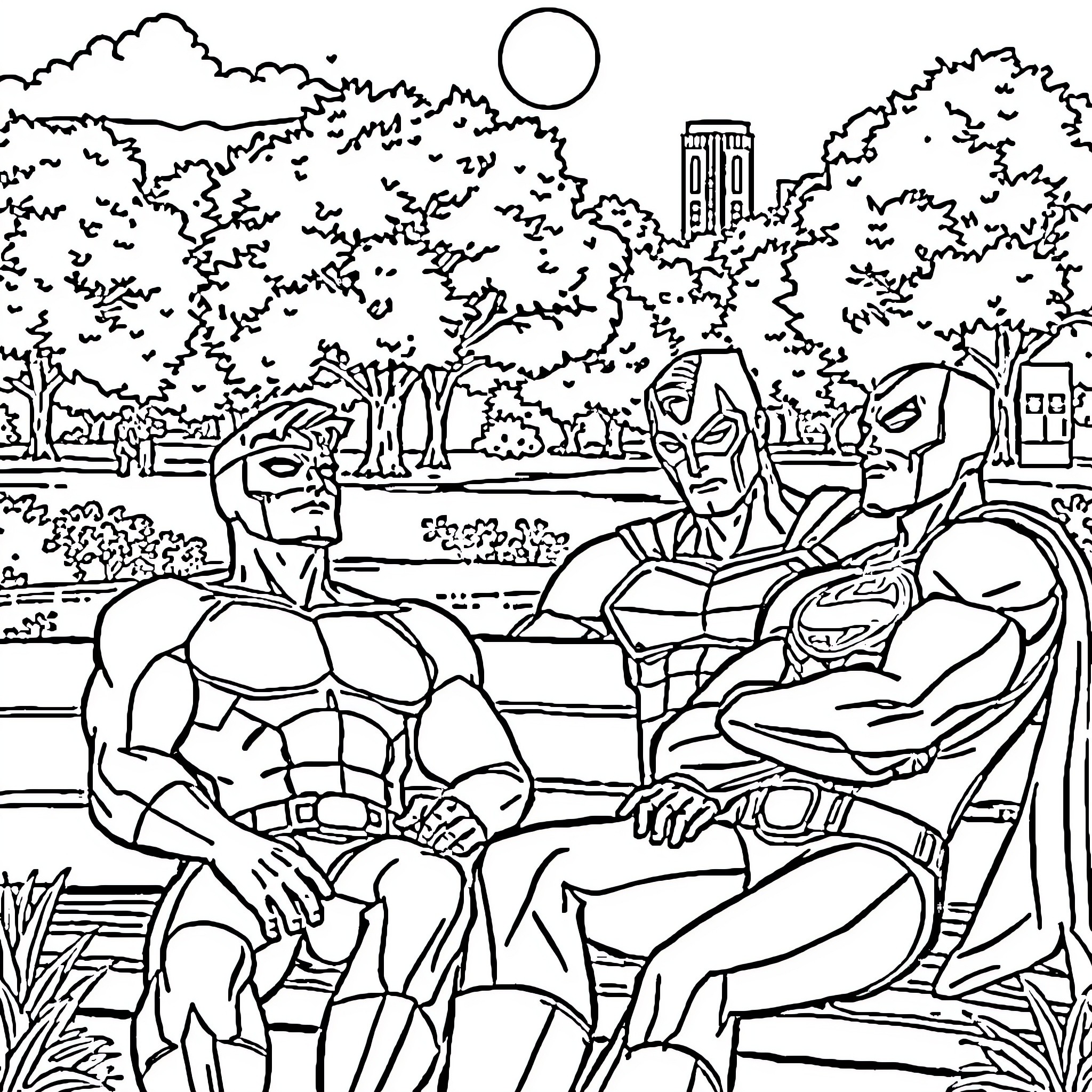 Superhero duo in contemplative park scene Coloring Page (free black-and-white line drawing printable PDF for all, from beginners to advanced learners, including children, teens, adults, and seniors)