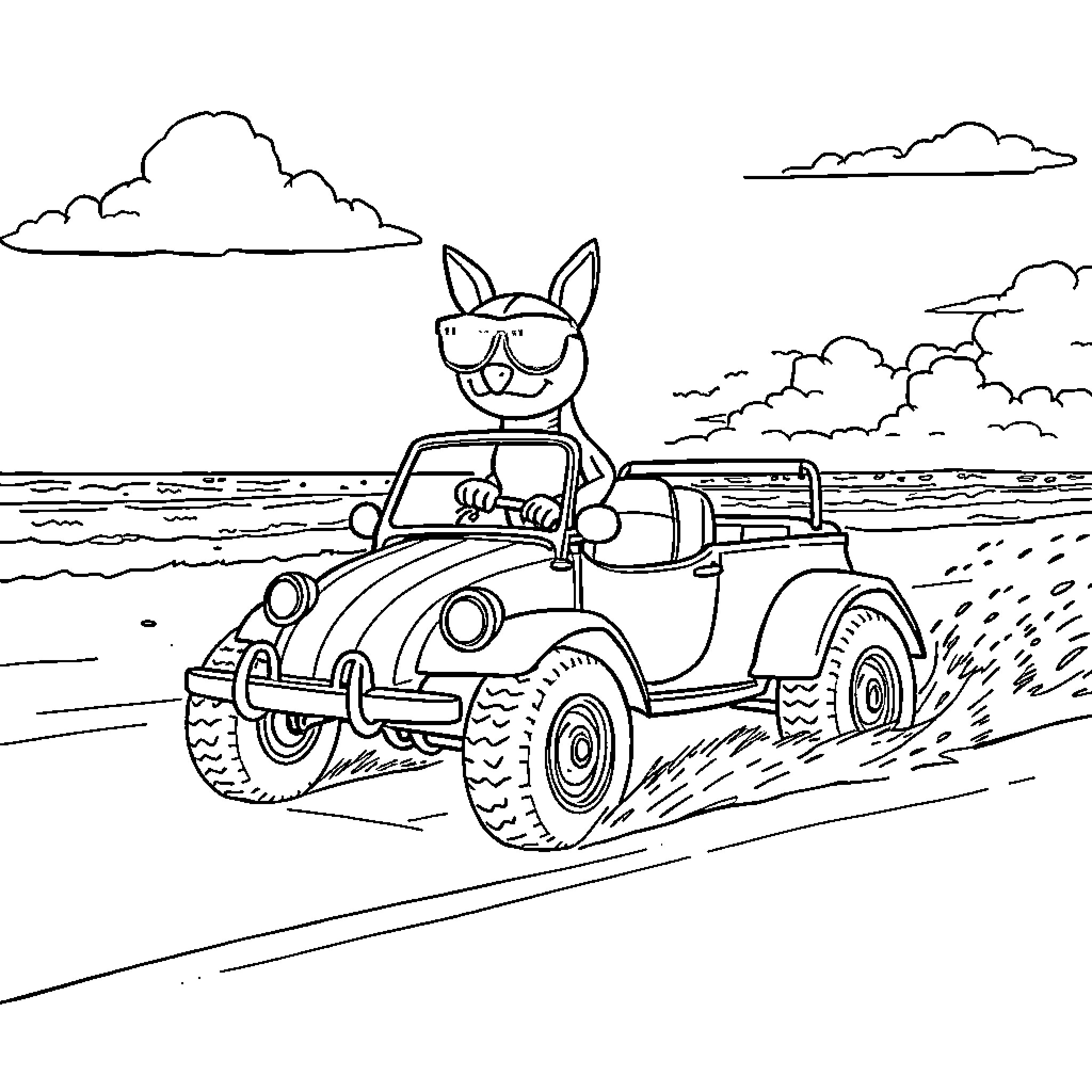 Paw Patrol character driving a buggy near the beach Coloring Page (free black-and-white line drawing printable PDF for all, from beginners to advanced learners, including children, teens, adults, and seniors)