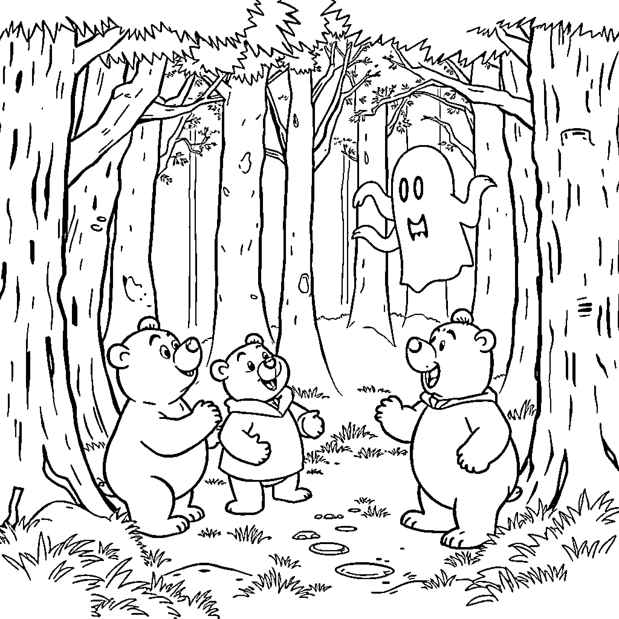 Berenstain Bears Exploring the Spooky Forest Coloring Page (free black-and-white line drawing printable PDF for all, from beginners to advanced learners, including children, teens, adults, and seniors)