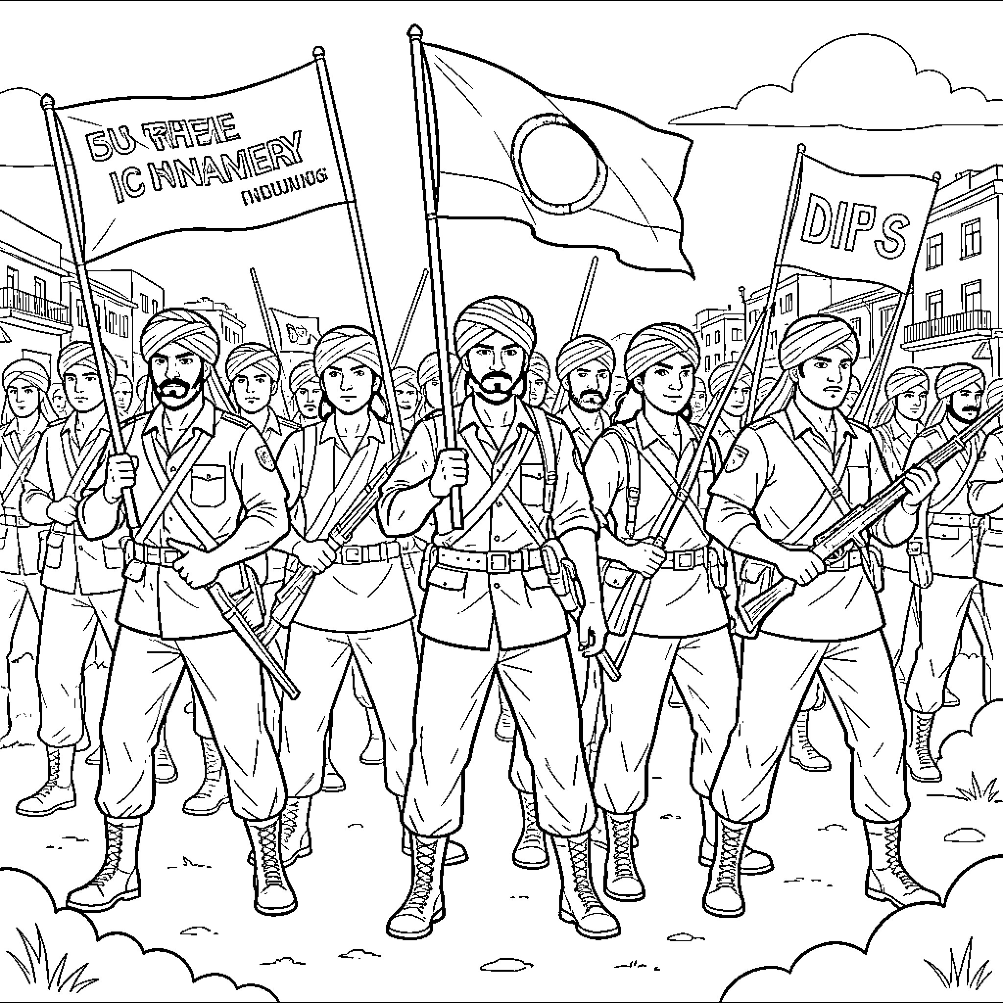 Freedom Fighter soldiers marching forward while carrying flags Coloring Page (free black-and-white line drawing printable PDF for all, from beginners to advanced learners, including children, teens, adults, and seniors)
