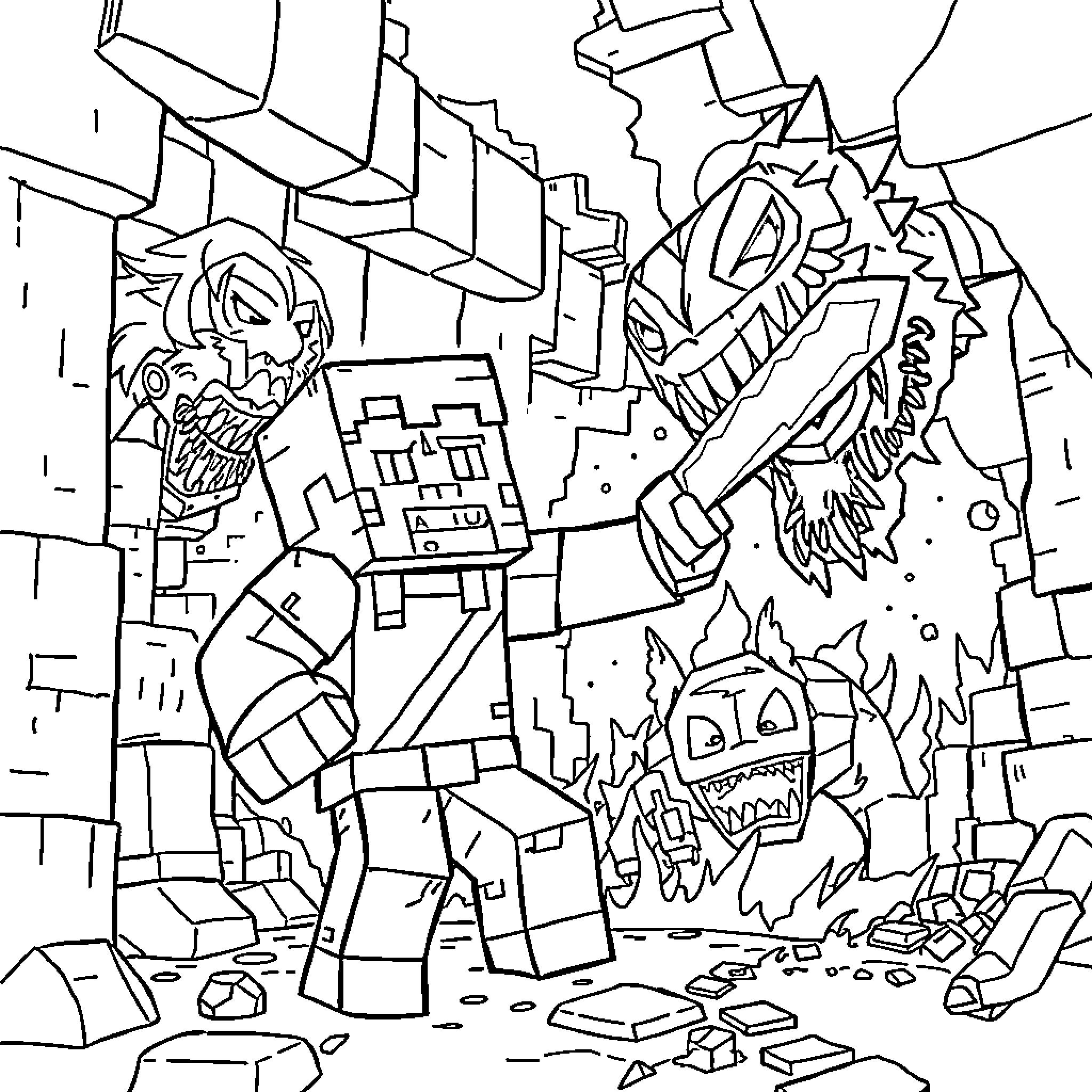 Steve's Heroic Battle Against Monstrous Foes Coloring Page (free black-and-white line drawing printable PDF for all, from beginners to advanced learners, including children, teens, adults, and seniors)