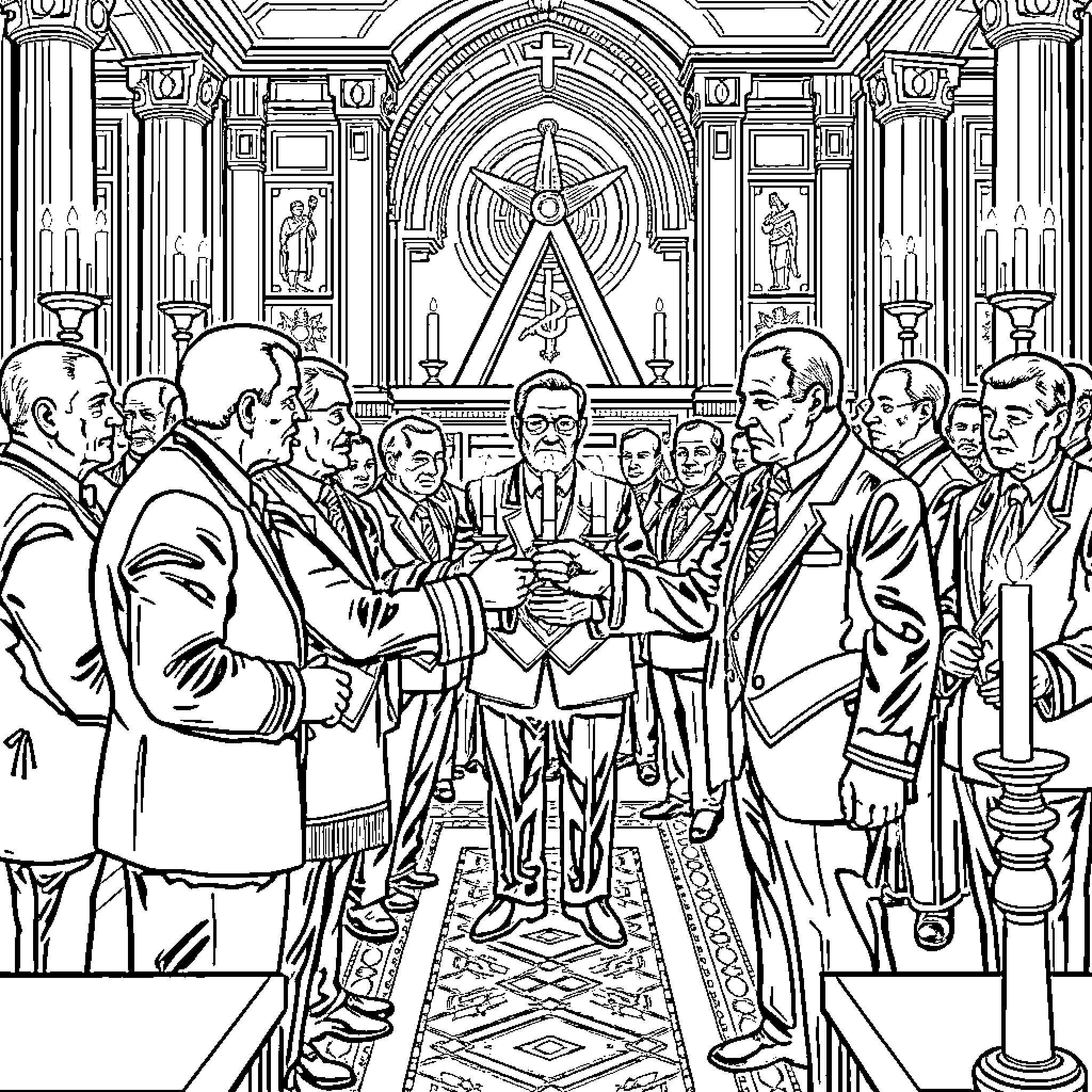 Masonic Gathering in Grand Ceremonial Hall Coloring Page (free black-and-white line drawing printable PDF for all, from beginners to advanced learners, including children, teens, adults, and seniors)