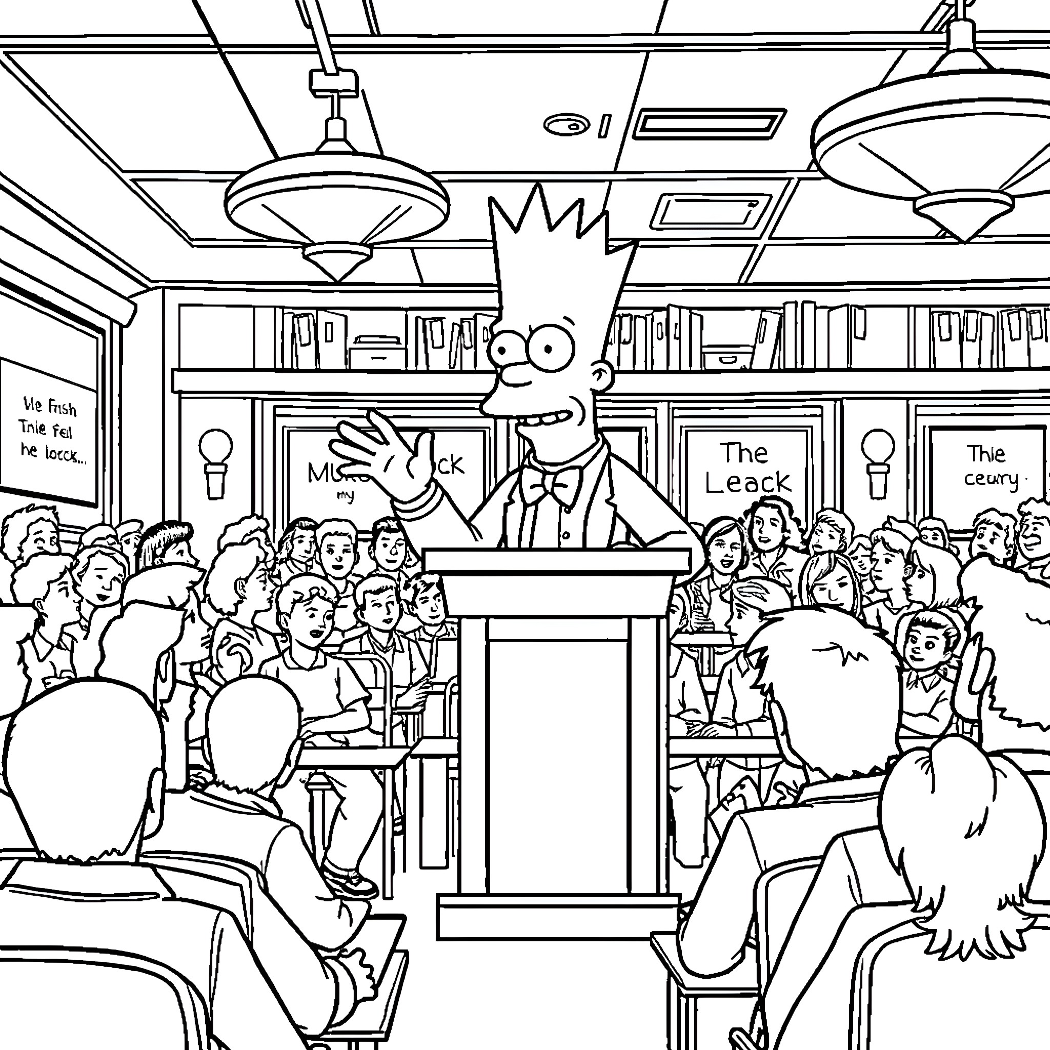 Frylock Addresses the Crowd in Courtroom Scene Coloring Page (free black-and-white line drawing printable PDF for all, from beginners to advanced learners, including children, teens, adults, and seniors)