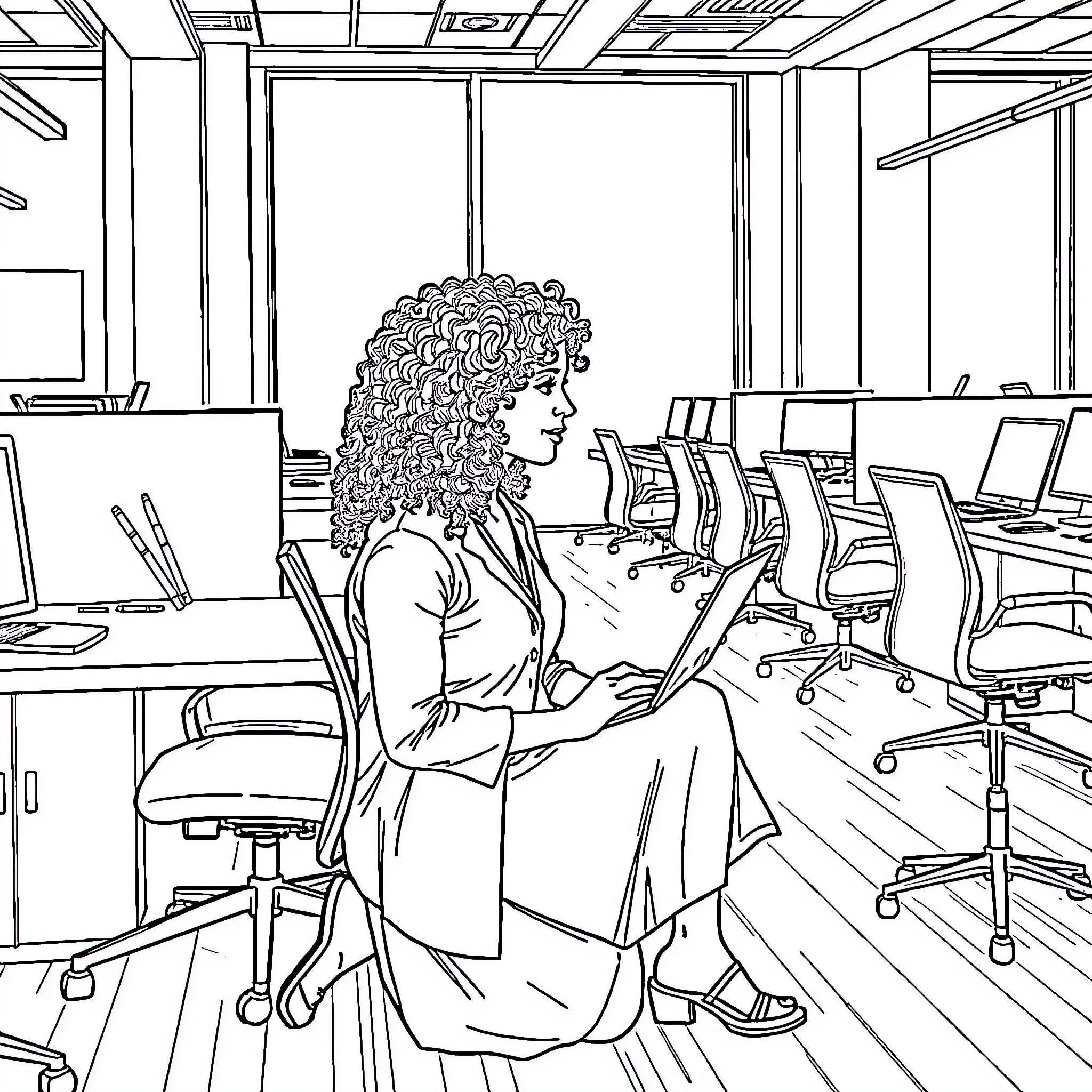 Woman working intently in the office Coloring Page (free black-and-white line drawing printable PDF for all, from beginners to advanced learners, including children, teens, adults, and seniors)