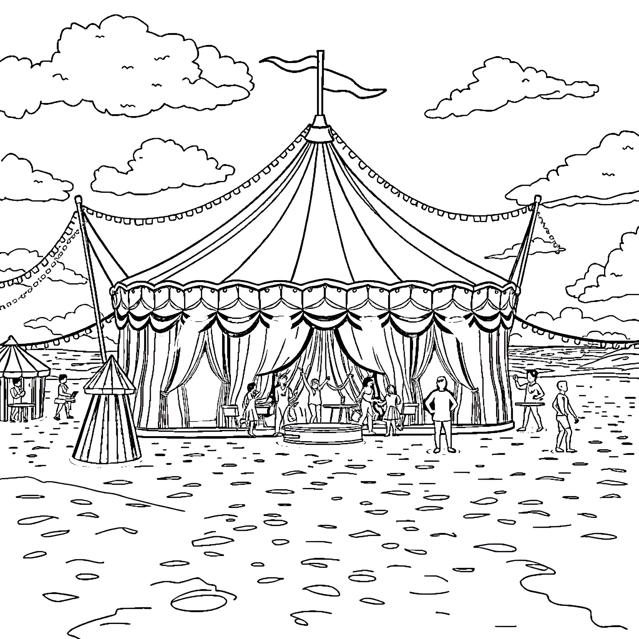 Circus tent with performers and crowd Coloring Page (free black-and-white line drawing printable PDF for all, from beginners to advanced learners, including children, teens, adults, and seniors)