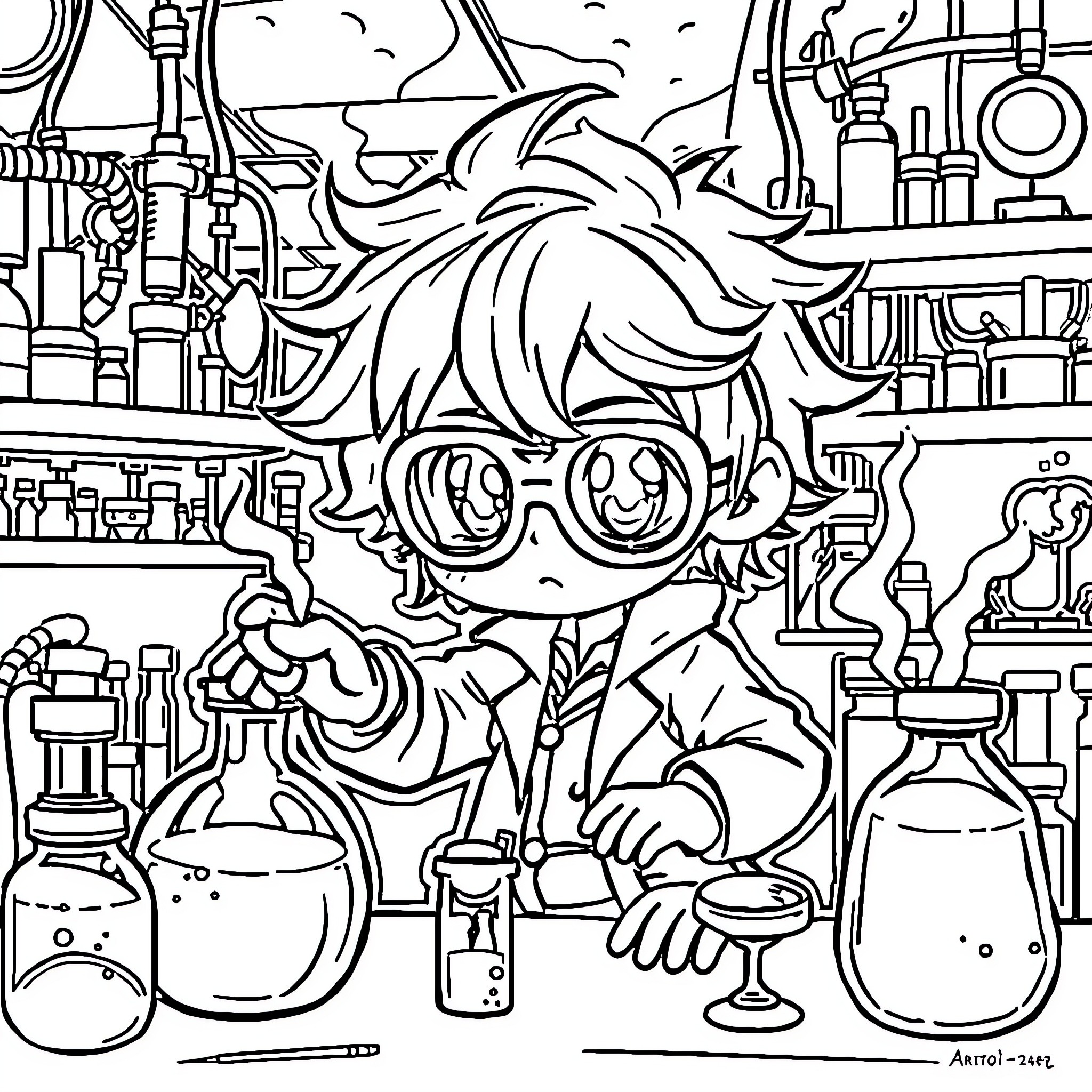 Senku in his laboratory experimenting with chemicals Coloring Page (free black-and-white line drawing printable PDF for all, from beginners to advanced learners, including children, teens, adults, and seniors)
