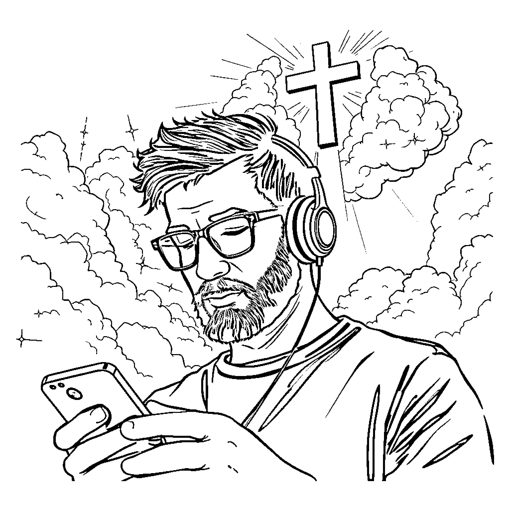 Man listening to music and praying with a cross Coloring Page (free black-and-white line drawing printable PDF for all, from beginners to advanced learners, including children, teens, adults, and seniors)