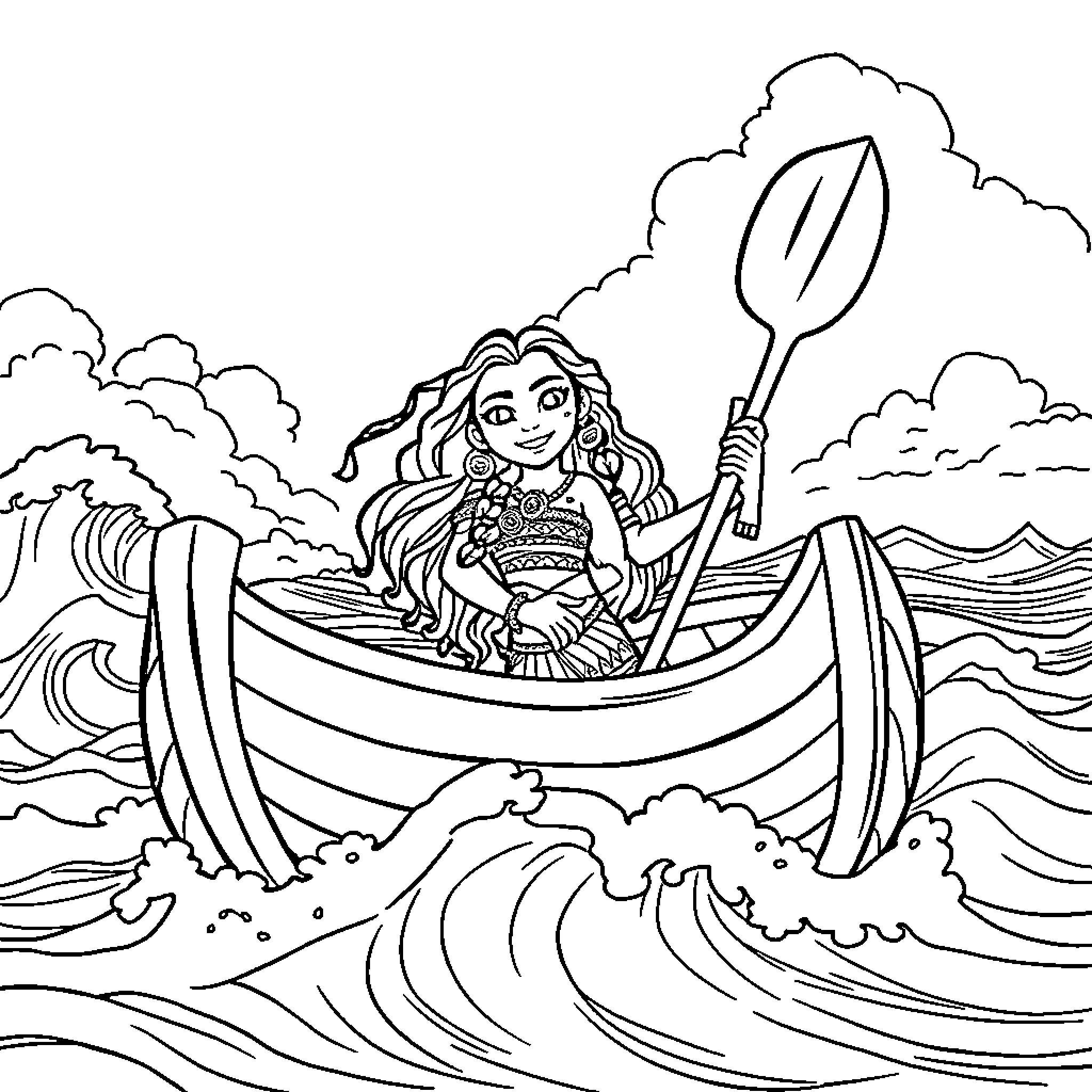 Moana sailing on the ocean waves Coloring Page (free black-and-white line drawing printable PDF for all, from beginners to advanced learners, including children, teens, adults, and seniors)