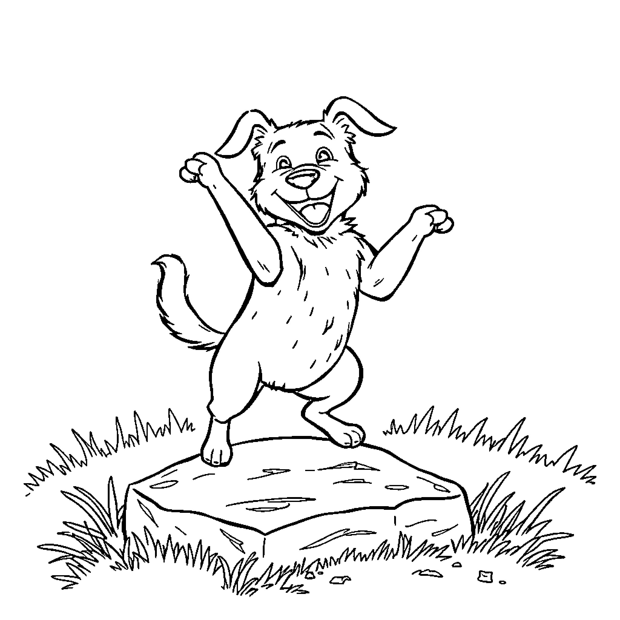 Dog playing joyfully in the field Coloring Page (free black-and-white line drawing printable PDF for all, from beginners to advanced learners, including children, teens, adults, and seniors)